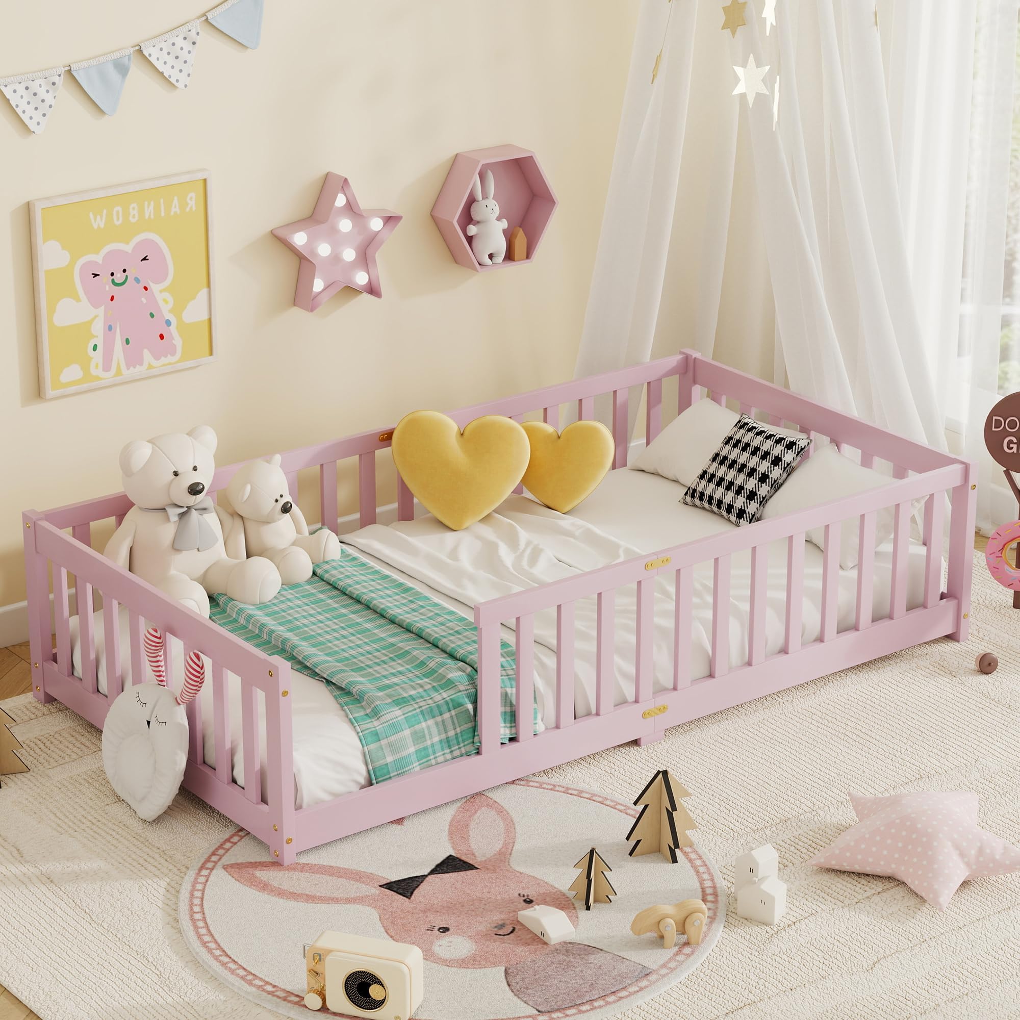 Twin Floor Bed with Safety Guardrails for Kids, Rubber Wood Montessori Bed with Slats, Twin Size Bed Frame for Girls and Boys,No Box Spring Needed,Pink