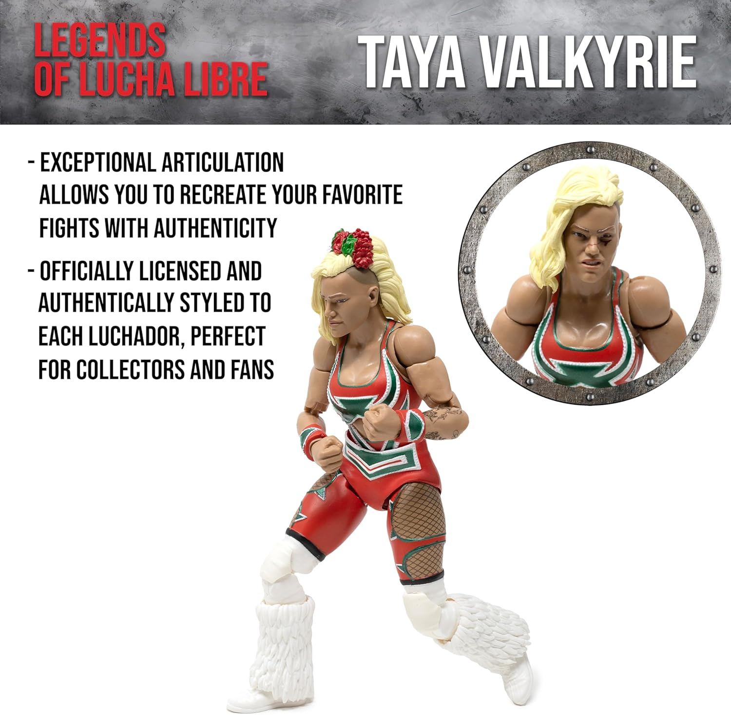 Boss Fight Studio Legends of Lucha Libre Premium Taya Valkyrie Collectible Action Figure – Highly Articulated Figurine with Accessories - Staple Gun, Alternate Hands & Head, and Prince Presley – 1:12