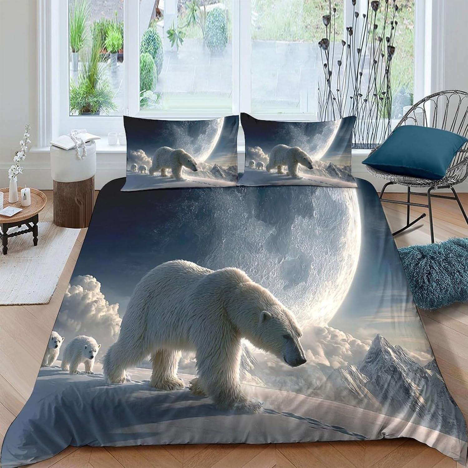 Housse de Couette 140x200 Ours Polaire avec 2 Taies d'Oreiller pour Lit 1 Personne