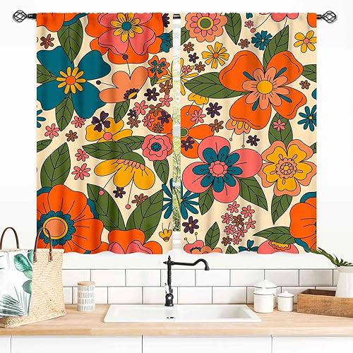 Miniatura 48 de Cortinas de cocina florales retro de los años 70 para ventana, diseño de flores naranjas hippie, estéticas, bohemias, opacas, pequeñas, cortas, para