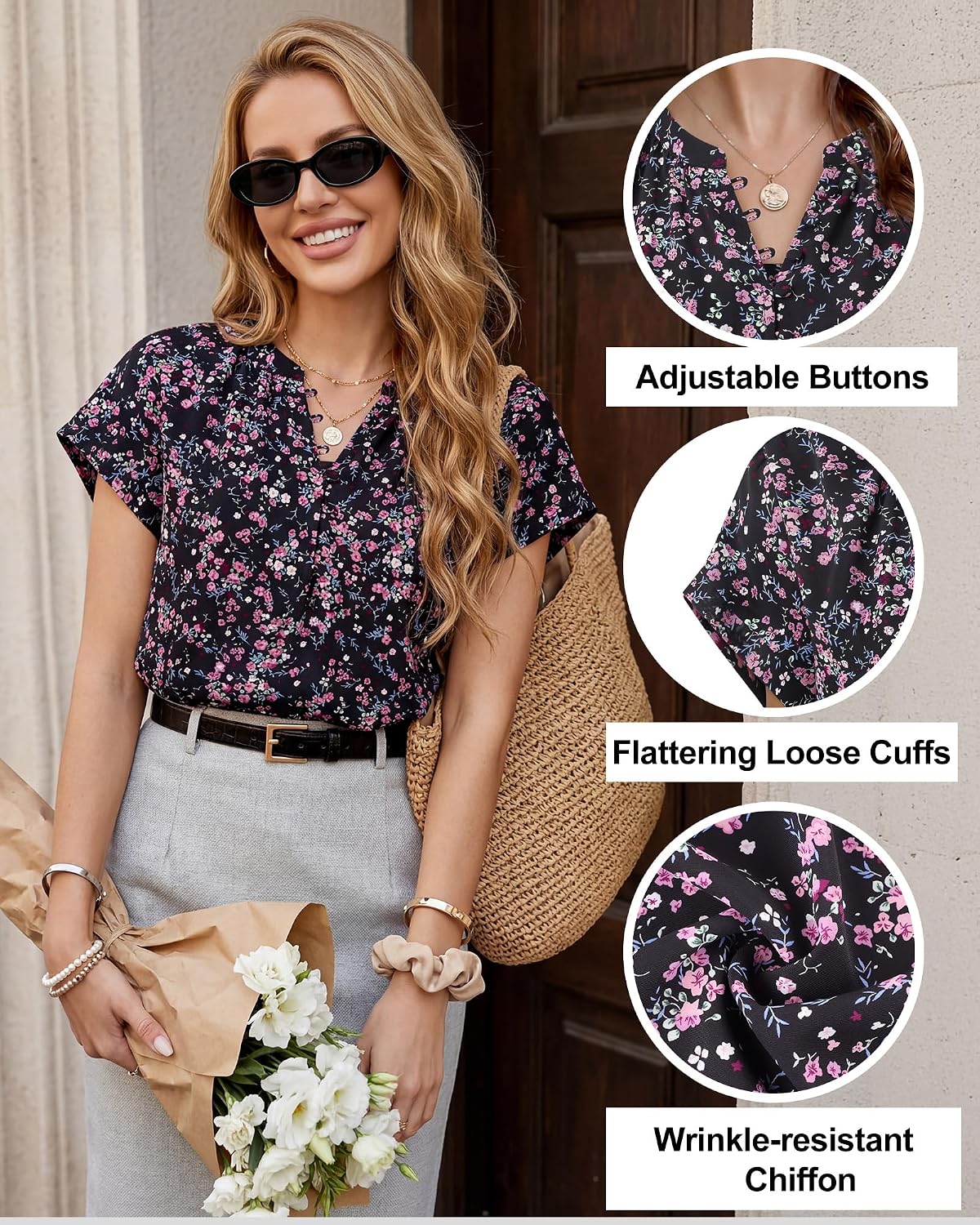 Timeson Women's Short Sleeve Tops Dressy Casual Button Down Chiffon Blouses Office Work Shirts