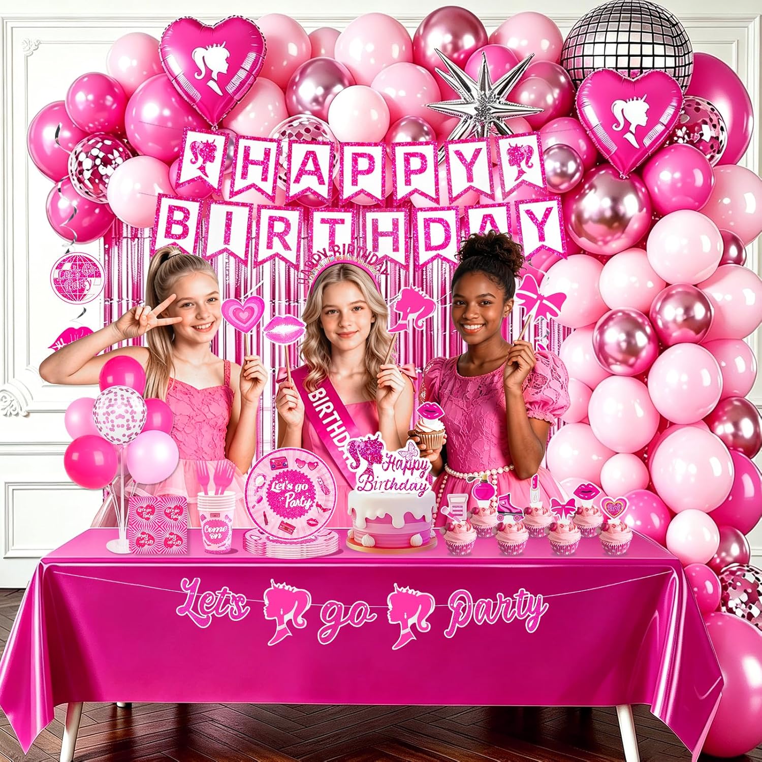 187Pcs Hot Pink Birthday Party Decoration Supplies, with 20 Plates Tableware Set and Birthday Banner Backdrop Foil Balloons Stand Cake Toppers Sunglasses Photo props Etc for Girls Women Party Decor