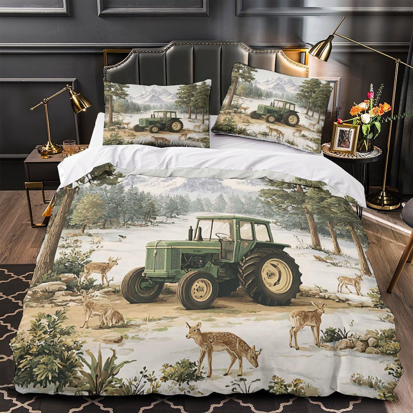 Housse de couette 140x200 tracteur forêt parure de lit microfibre 3D paysage rural pour enfant
