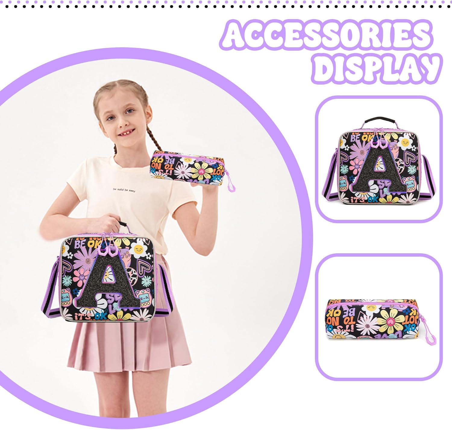 HTgroce Cute Rolling Backpack for Girls Kids with Lunch Box & Pencil Case 3pcs Girls Rolling Backpacks for Elementary Middle School Bag with Wheels (Sun Flower Letter A)