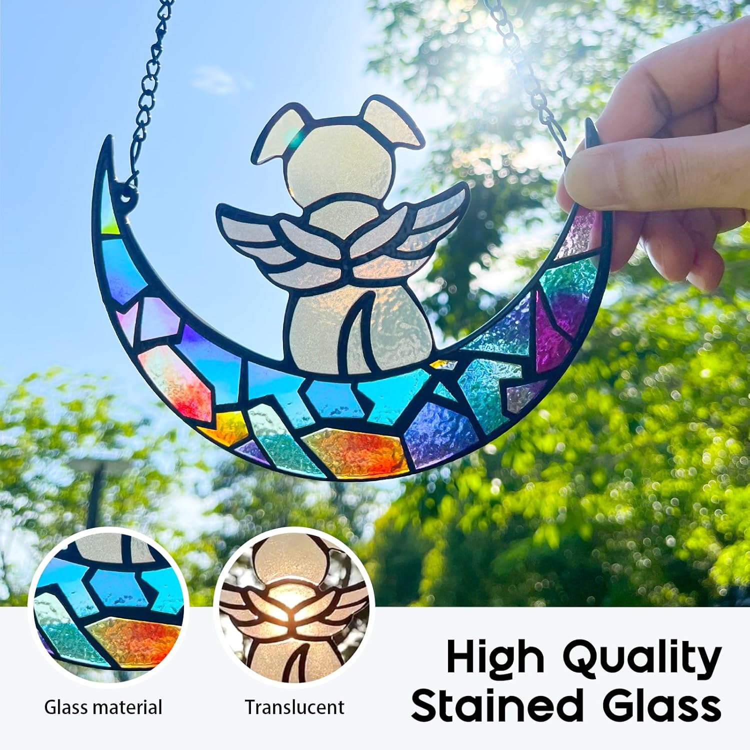 Stained Glass Angle Dog Memorial Suncatcher for Loss of Dog Sympathy Gifts, Dog Memorial Gifts with Sympathy Card, Dog Remembrance Gifts for Pet Lovers, Dog on Moon Ornaments for Window Hanging - Image 3
