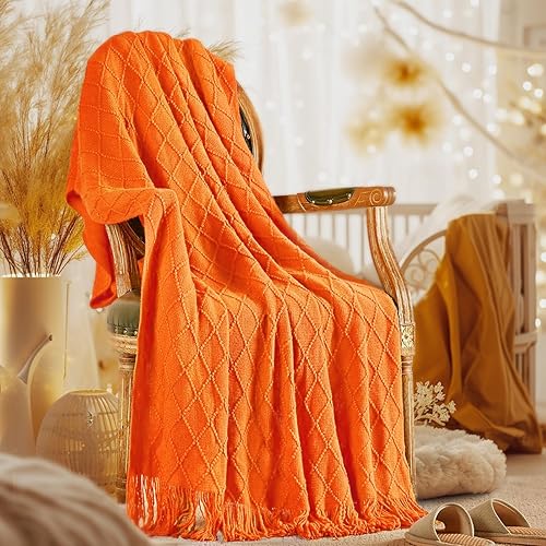inhand Manta tejida de otoño para sofá y cama, manta tejida para decoración de otoño de Halloween con borla, color naranja quemado, ligera,