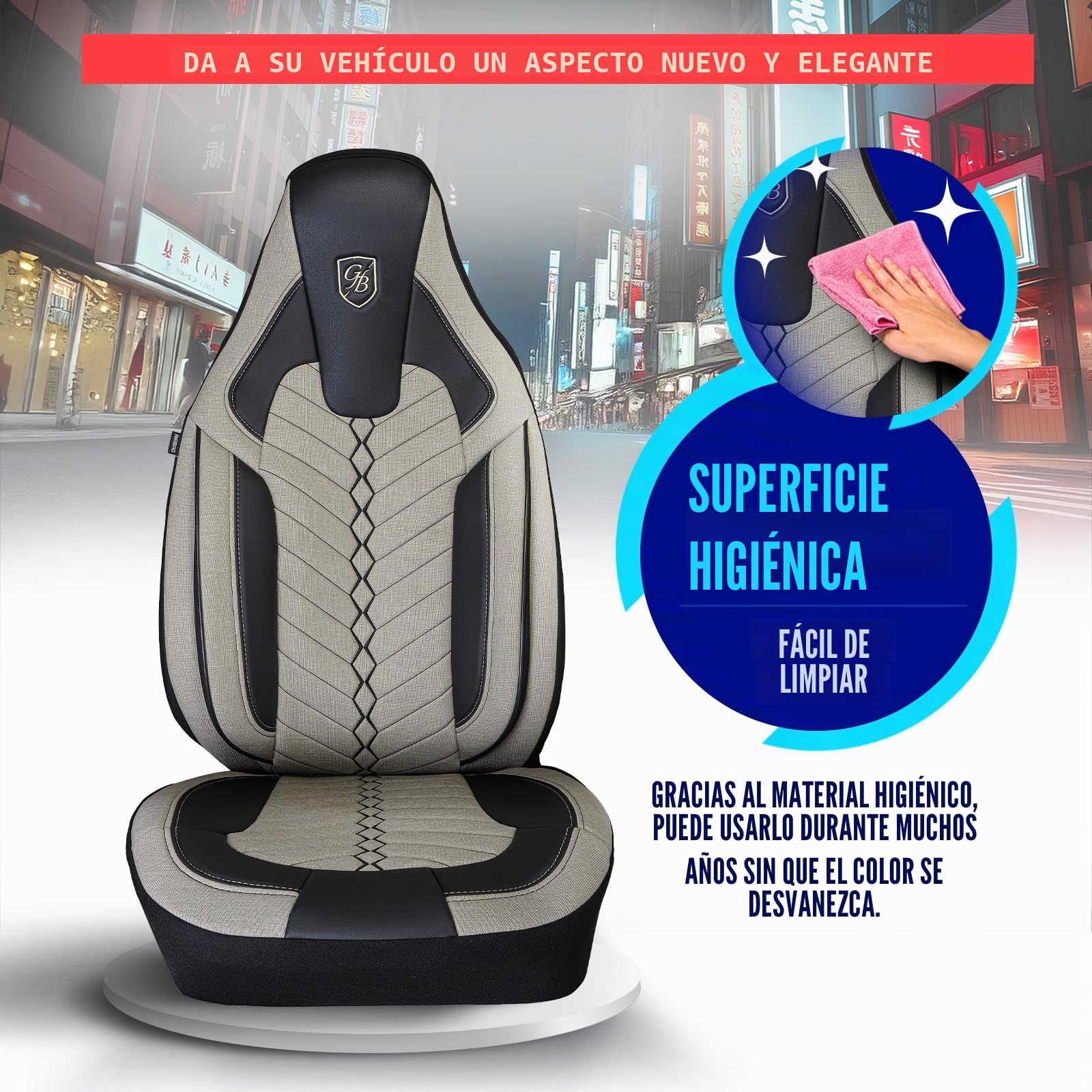 Fundas de Asiento Camper en Lino, compatibles Fiat Ducato, Citroën Jumper, Peugeot Boxer, Asientos Delanteros Conductor & acompañante, Camper & Caravana, Beige-Negro