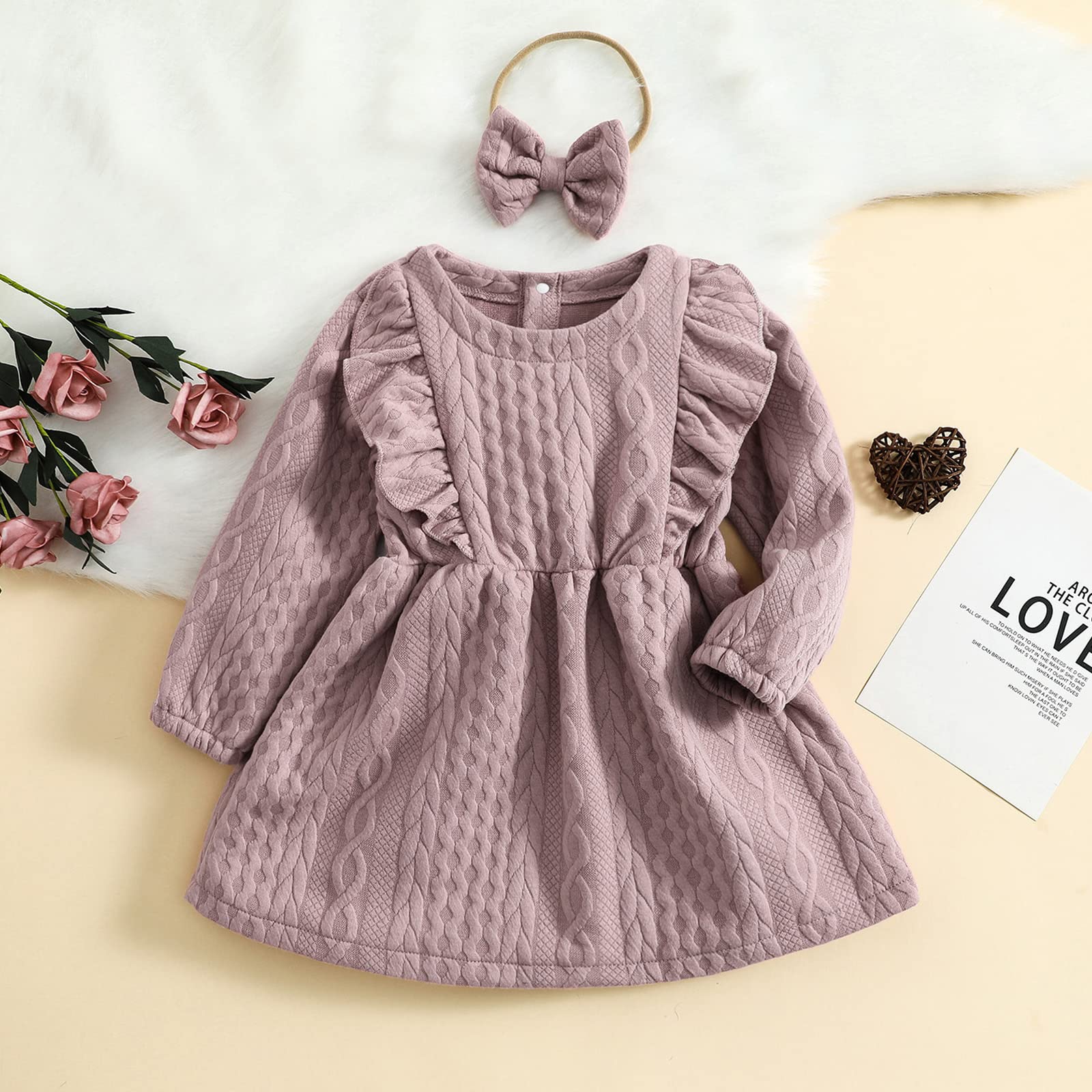Baby Girl Knit Dress Long Sleeves Sweater Dress Toddler Fall Winter Outfits with Bowtie (Pink, 12-18 Months)