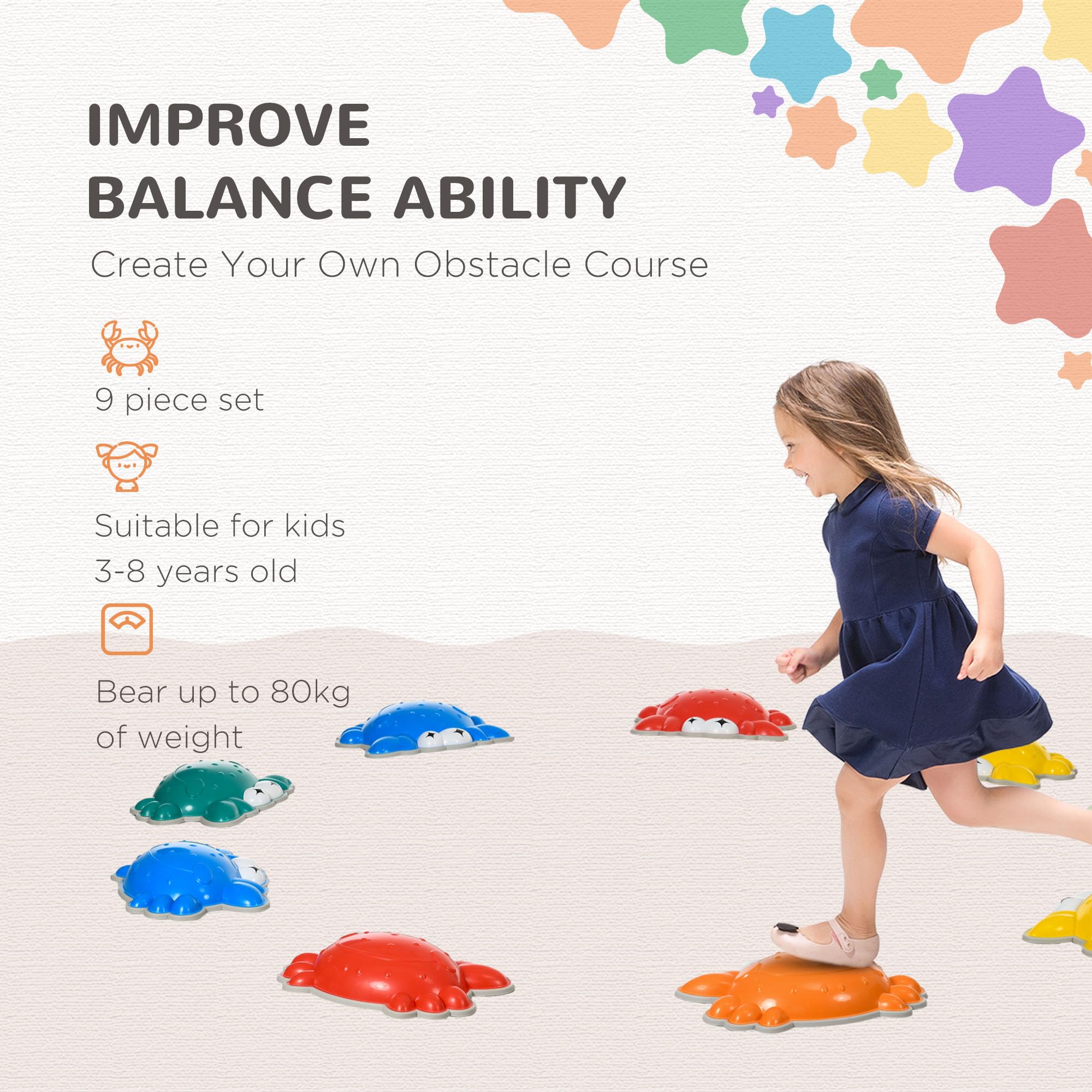 ZONEKIZ Balance-Steine Für Kinder – 9-teilig, Krebs-Design, TPE Anti-Rutsch – Motorik-Spielzeug