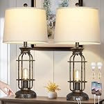 28" Lampes de table vintage avec USB Ports C+A & AC Ensemble de lampes de table de ferme industrielle 2, Black Modern Nightstand à côté des lampes avec 2 Lumière de nuit pour chambre à coucher(4 LED Ampoules comprises)