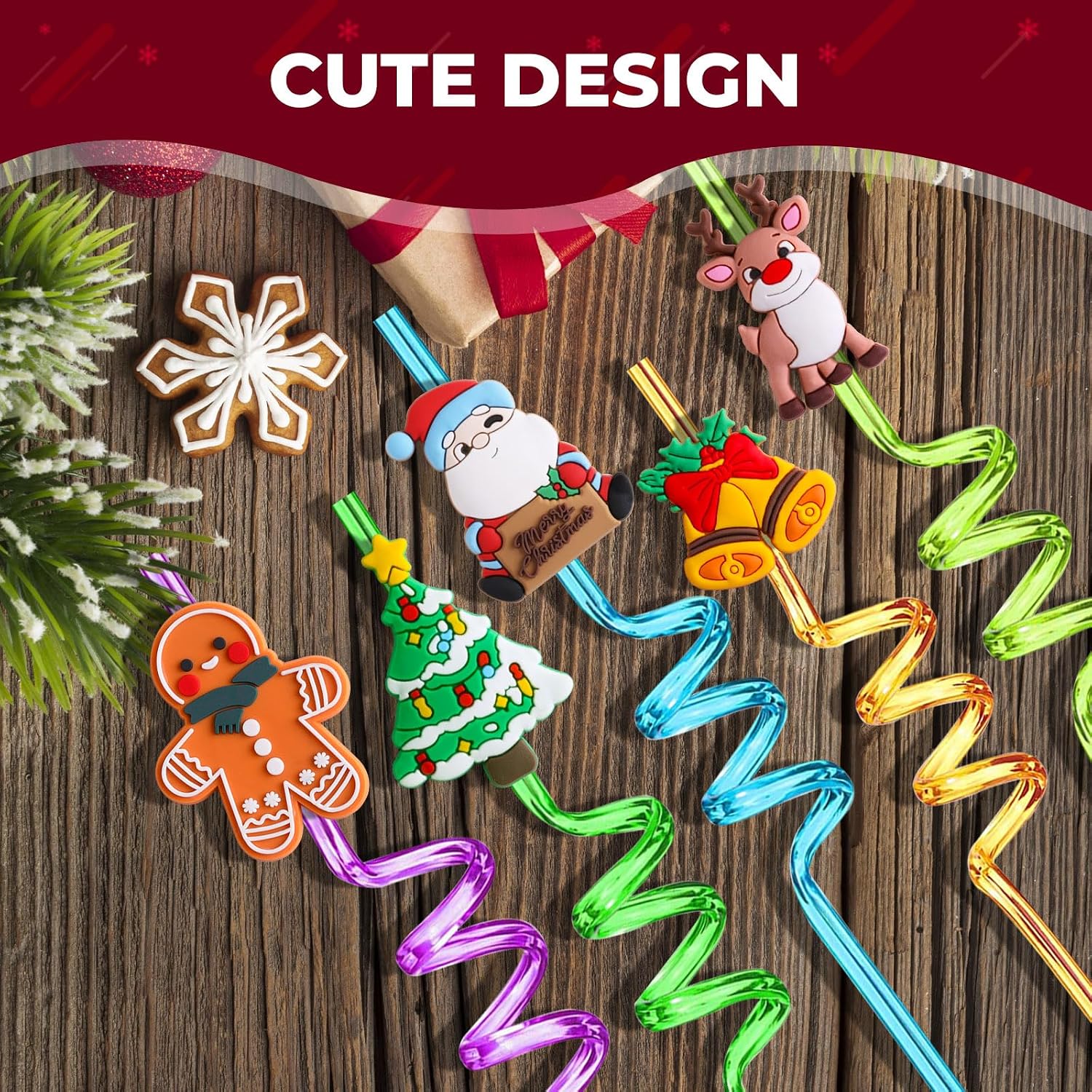 Christmas Party Favors for Kids Bulk, Christmas Straws for Kids Plastic, Christmas Party Favors for Kids Goodie Bags, Christmas School Party Favors for Kids, 48 Christmas Straws & 4 Cleaning Brushes