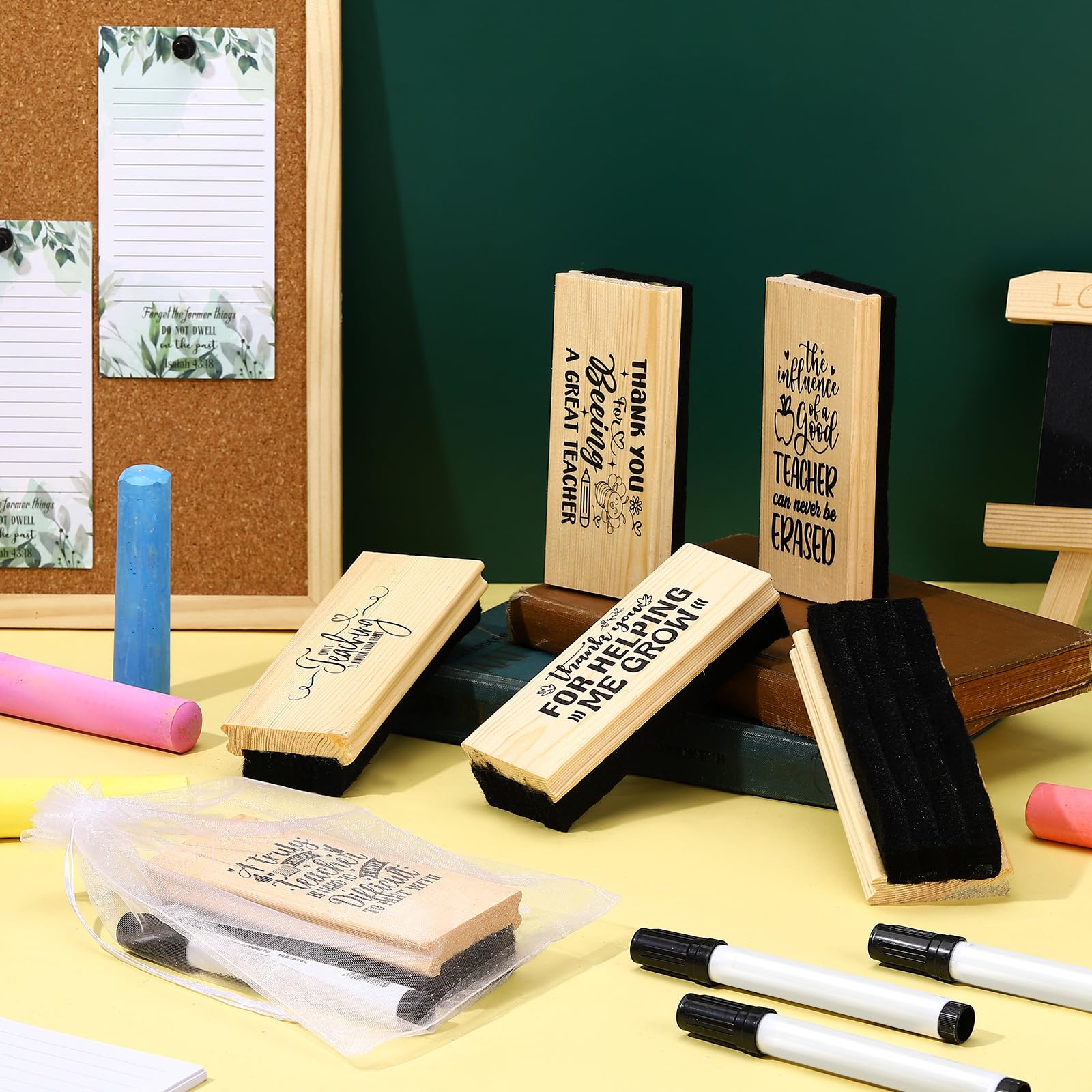 Janlaugh Set of 6 Teacher Appreciation Gifts Wood Chalkboard Eraser with Markers Thank You Teacher Gifts Inspirational Erasers for First Day of School Graduation Teacher Gifts Office School Supply