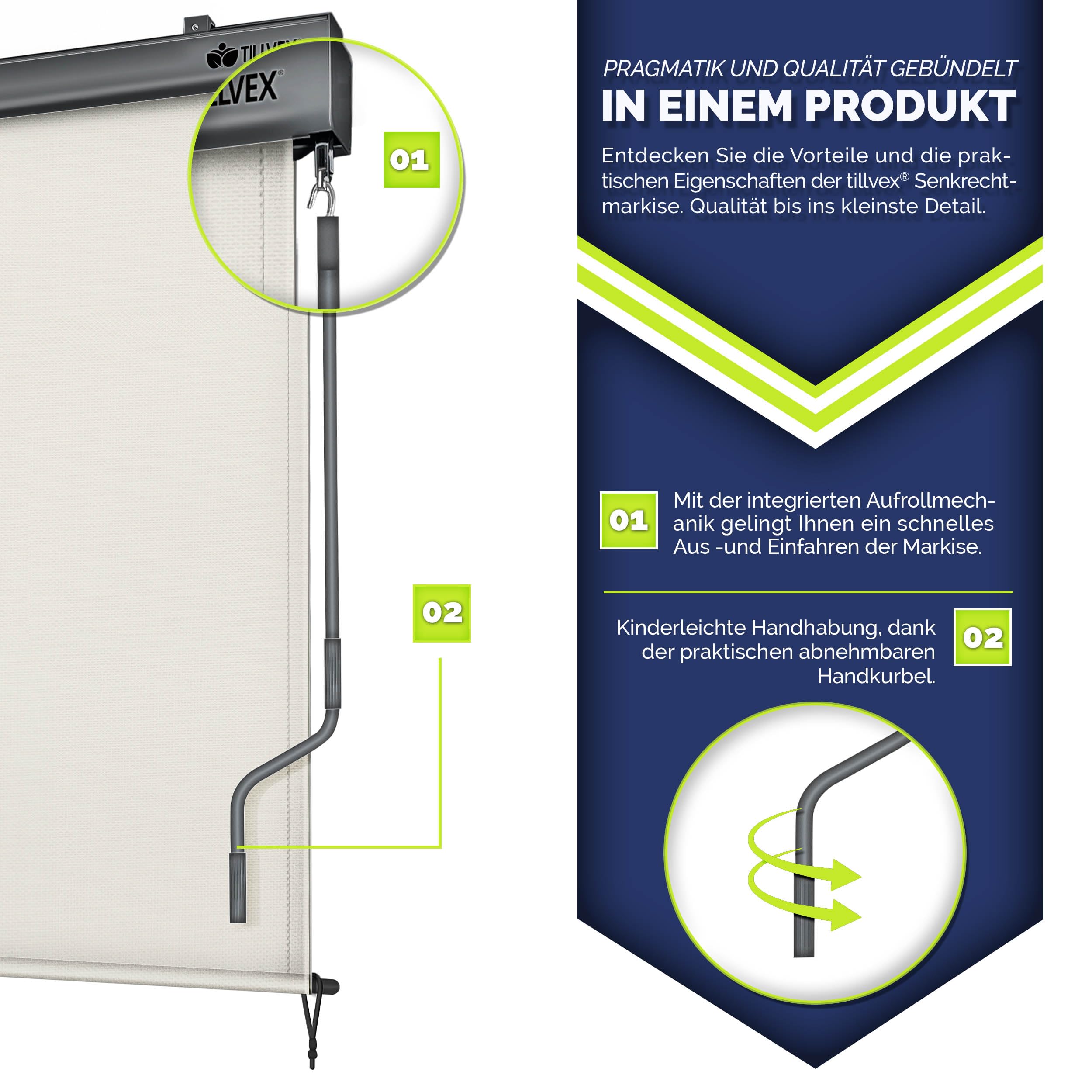 tillvex® Verticale zonwering, 160 x 250 cm, voor buiten en binnen, buitenrolgordijn, waterdicht, met handslinger, voor balkon, terras en tuin, balkonrolgordijn, zonwering van aluminium