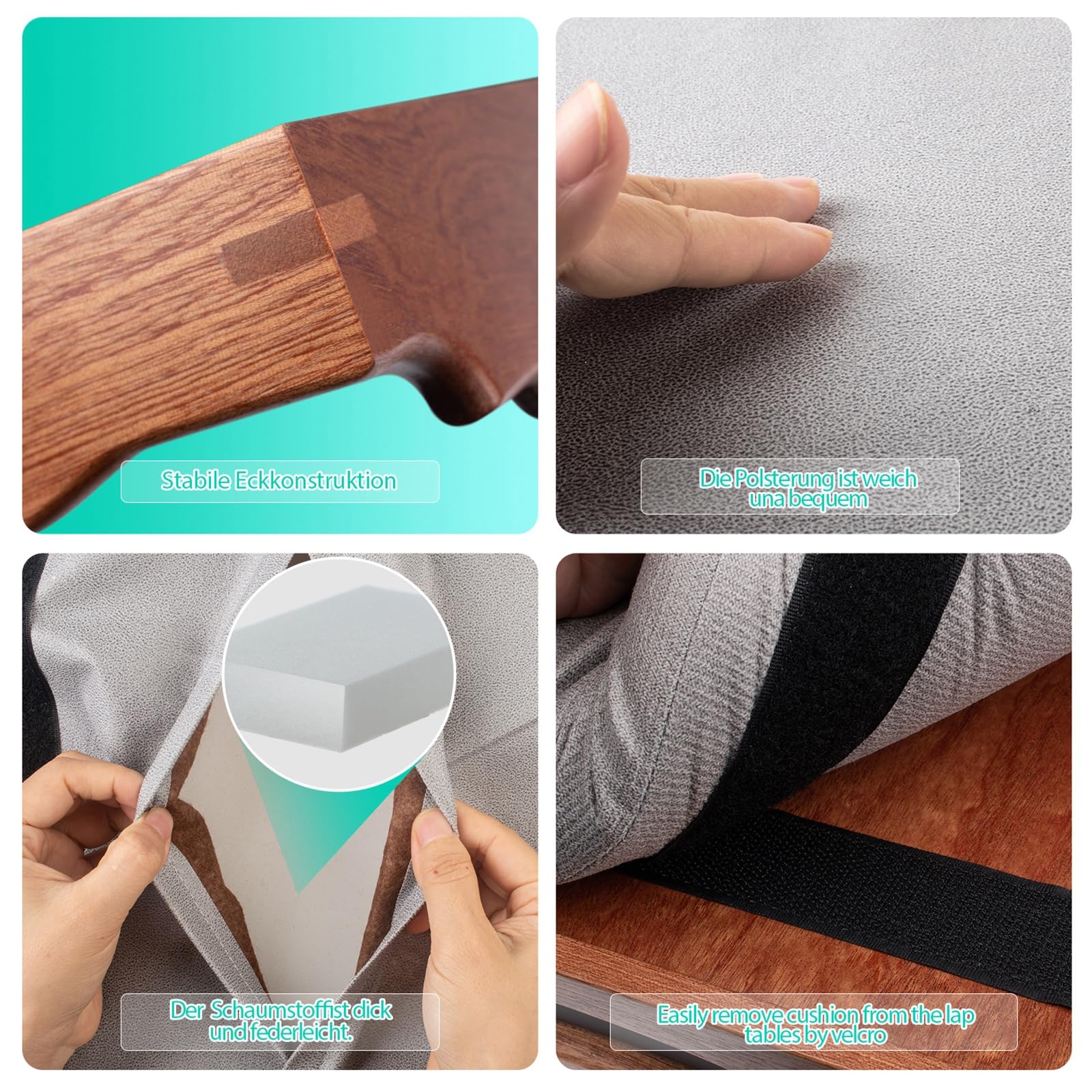 DRELIFAM Knietablett mit Kissen, Betttablett aus Holz zum Essen, Knietablett für Liegestuhl, Frühstückstablett, TV-Dinner-Betttablett für Essen (Sapele-Holz)