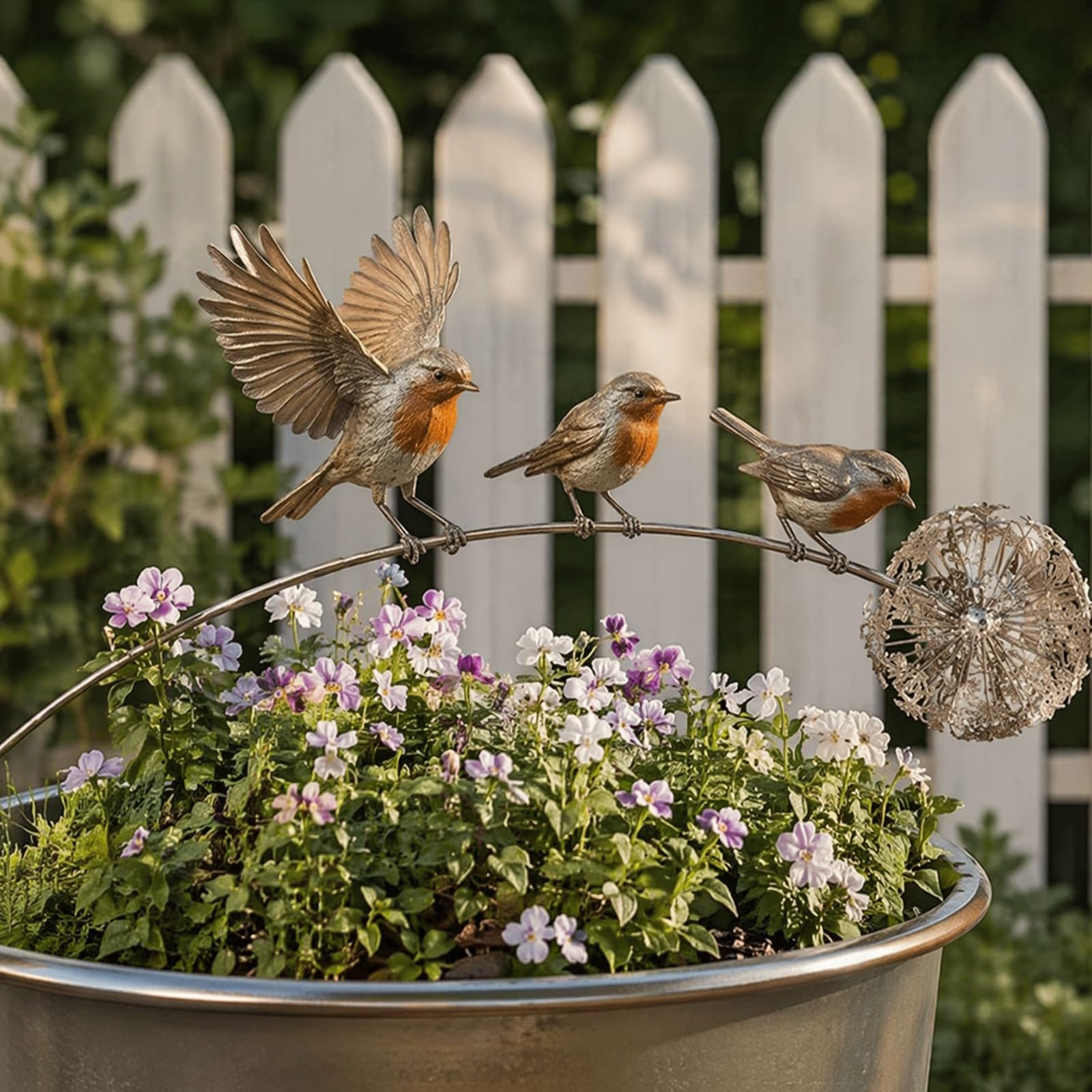 Iron Robin Garden Stake Dandelion Design Decorative Lawn Ornaments for