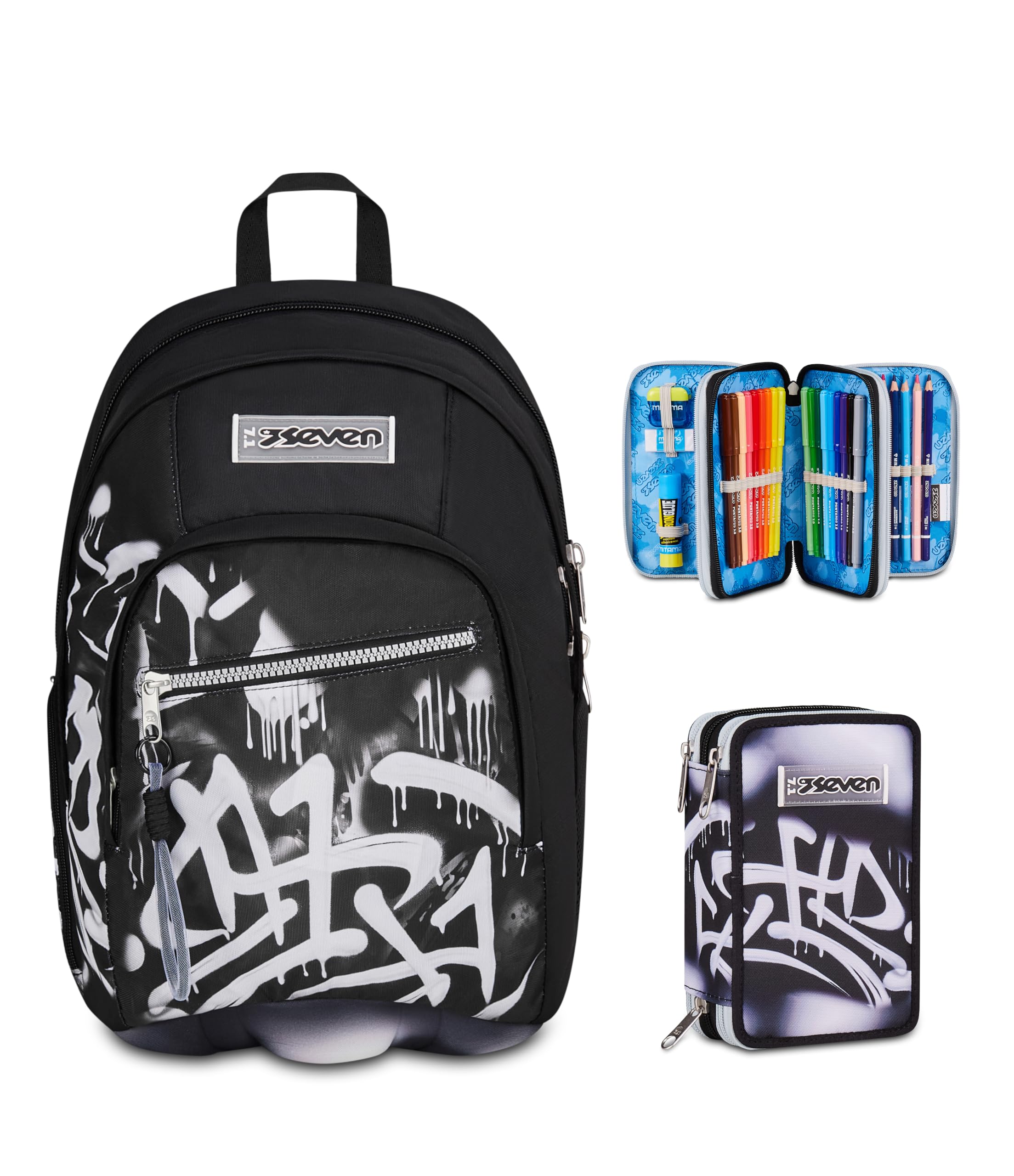 Seven Zaino Scuola Dual GOLDEN PAINT, Doppio Scomparto, Nero, 32 L + Astuccio 3 zip PLUMPY LINE BOY, Nero, 45 pezzi, Completo di penne e colori, Elementari, Medie, Bambini e ragazzi