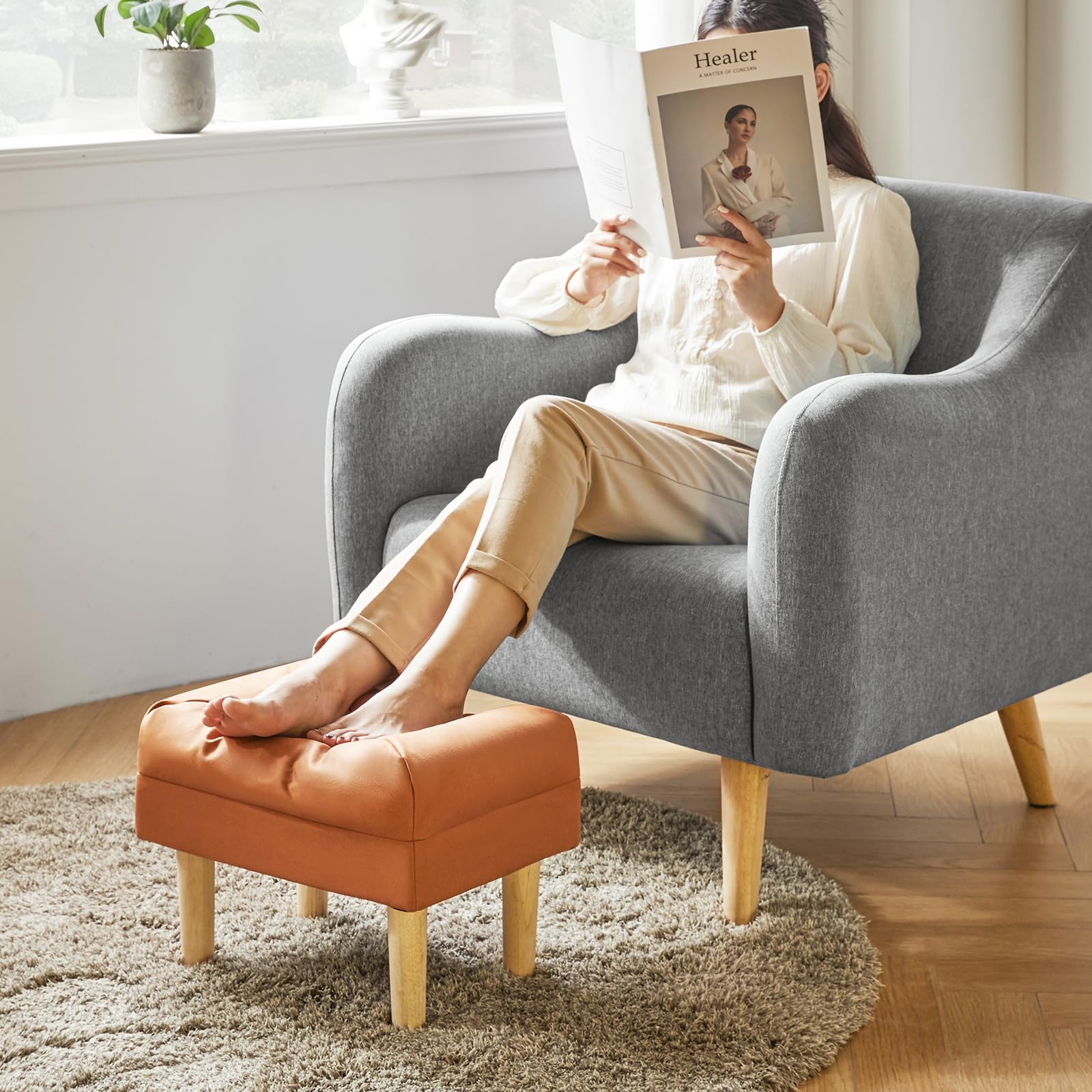 YMYNY Ottomano, Pouf Couch Sgabello, Pouf Poggiapiedi, Materiale Del Tessuto Tecnico, Sgabello Basso in Legno, Piccolo Sgabello Imbottito per Soggiorno e Ingresso 40 x 29 x 32CM Arancione HBD040J