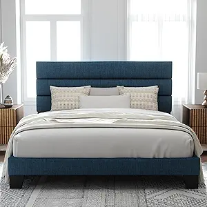 Allewie King Size Platform Bed Frame with Fabric Upholstered Headboard and Wooden Slats Support, Fully Upholstered Mattress Foundation/No Box Spring Needed/Easy Assembly, Navy Blue