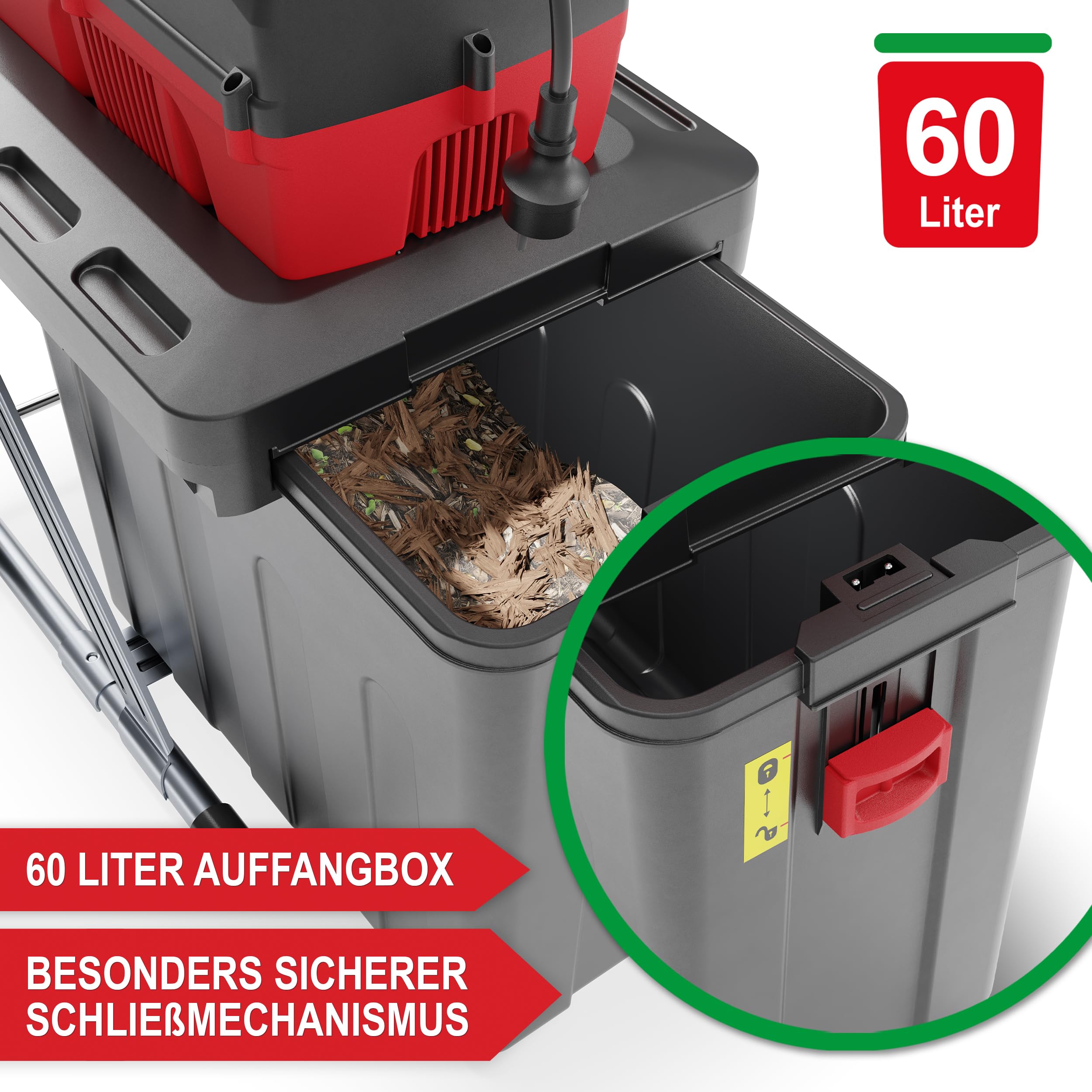 ONBEST Häcksler Garten – 2800 Watt Motor – 44 mm Schnittkapazität – 60 Liter Auffangbox – Selbsteinzug – Rücklauffunktion – inkl. Nachstopfer – Elektro Gartenhäcksler – Leisehäcksler für Holz