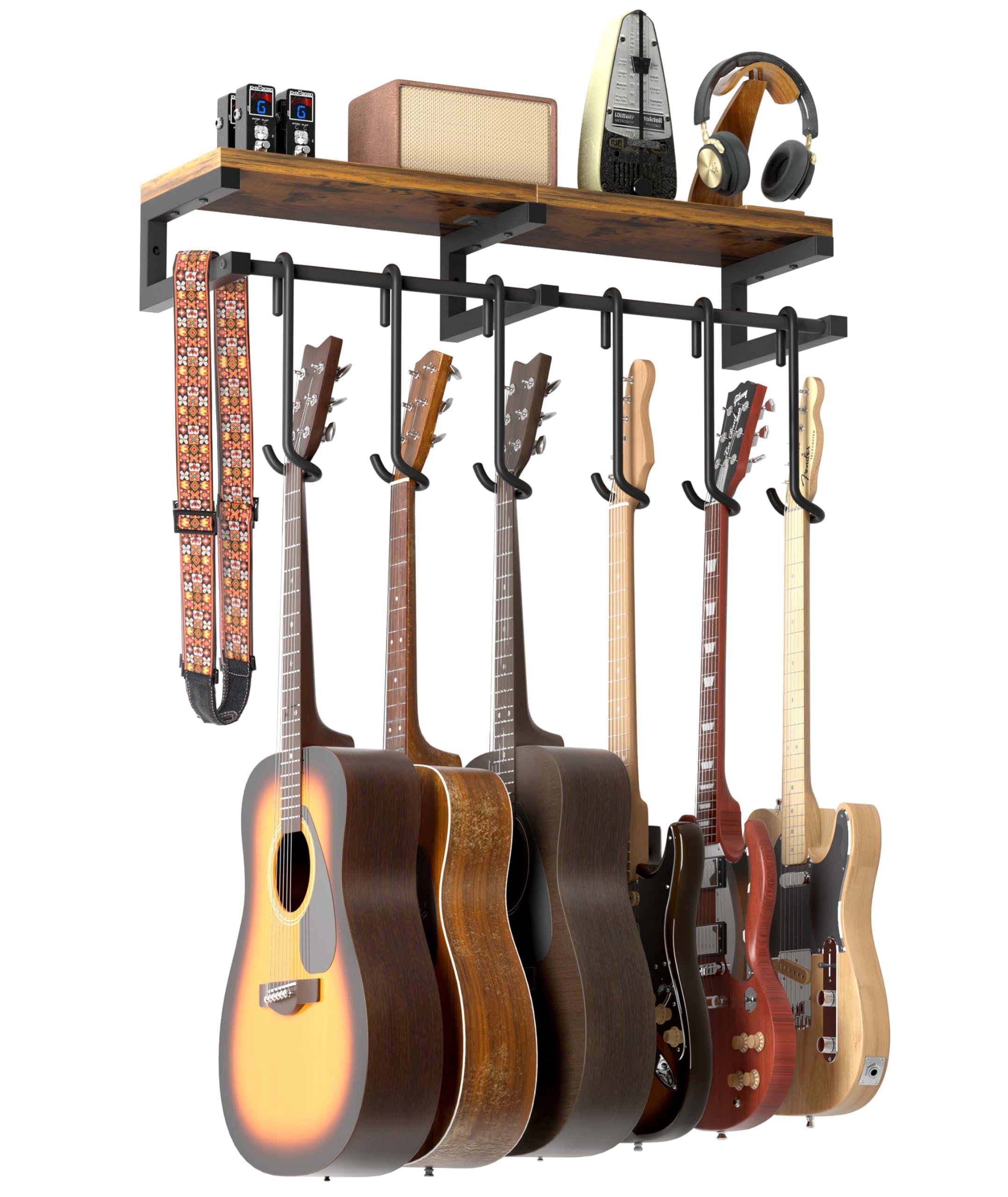Porta Chitarra da Muro, 6 Supporto Chitarra Muro, Reggi Chitarra con un Grande Scaffale, Appendi Chitarra per Chitarra Acustica, Basso, Chitarra Elettrica, Ukulele Double-Sided