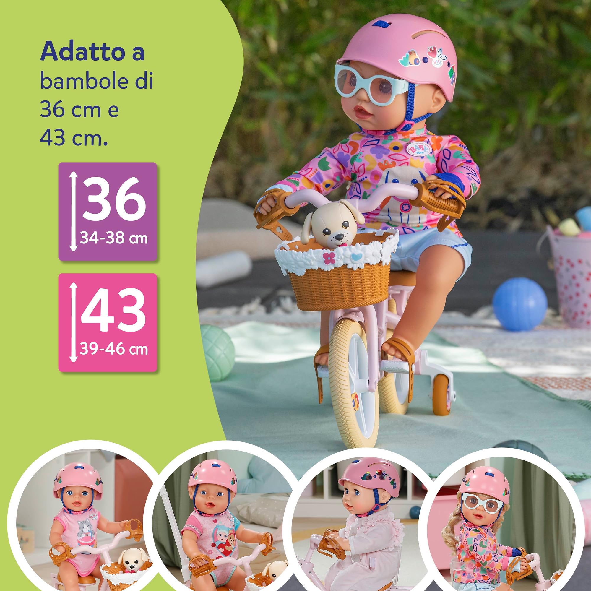 BABY born Bicicletta con Lucky, bicicletta per bambole con cestino, manubrio e adesivi