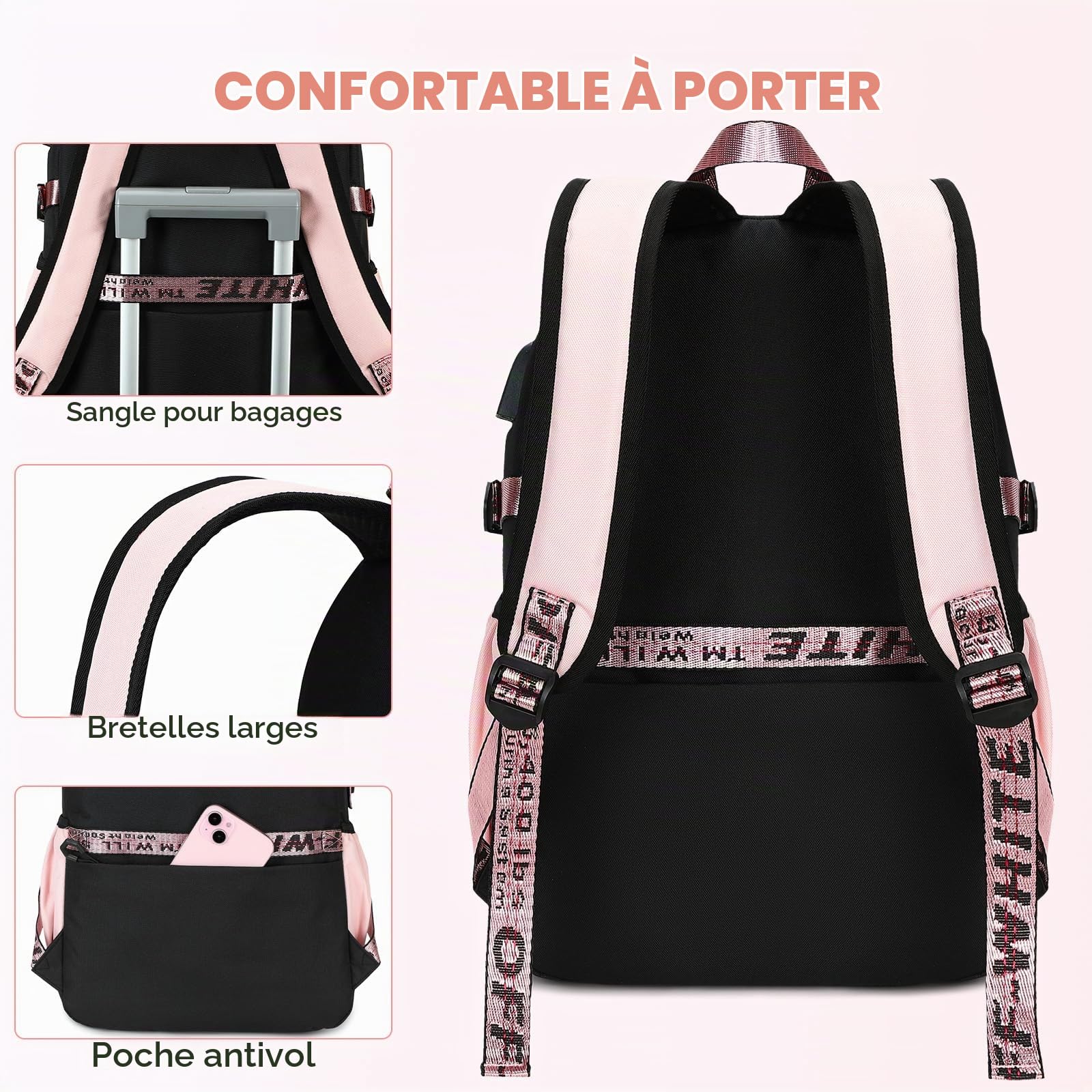 Ensemble Cartable Fille Primaire Collège 2 Pièces, Noir-Rose, 25L