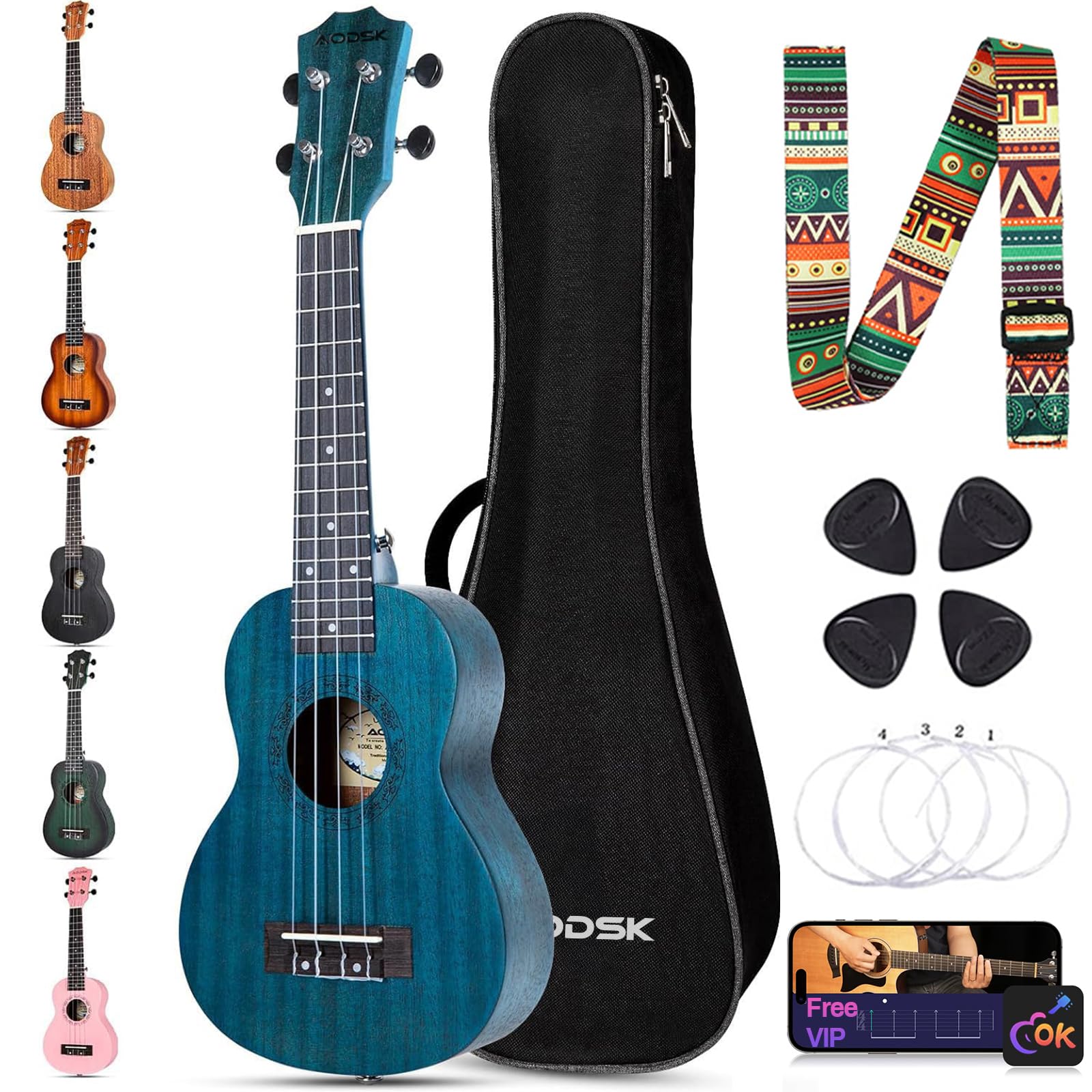 Ukulele For Beginners,Starter Bundle Kit with Free Gig Bag Strap,Professional Acoustic Ukelele Four String Wooden Hawaiian Uke for Kids Students Starter Kit (AUS-P06 Sapele Blue Soprano)