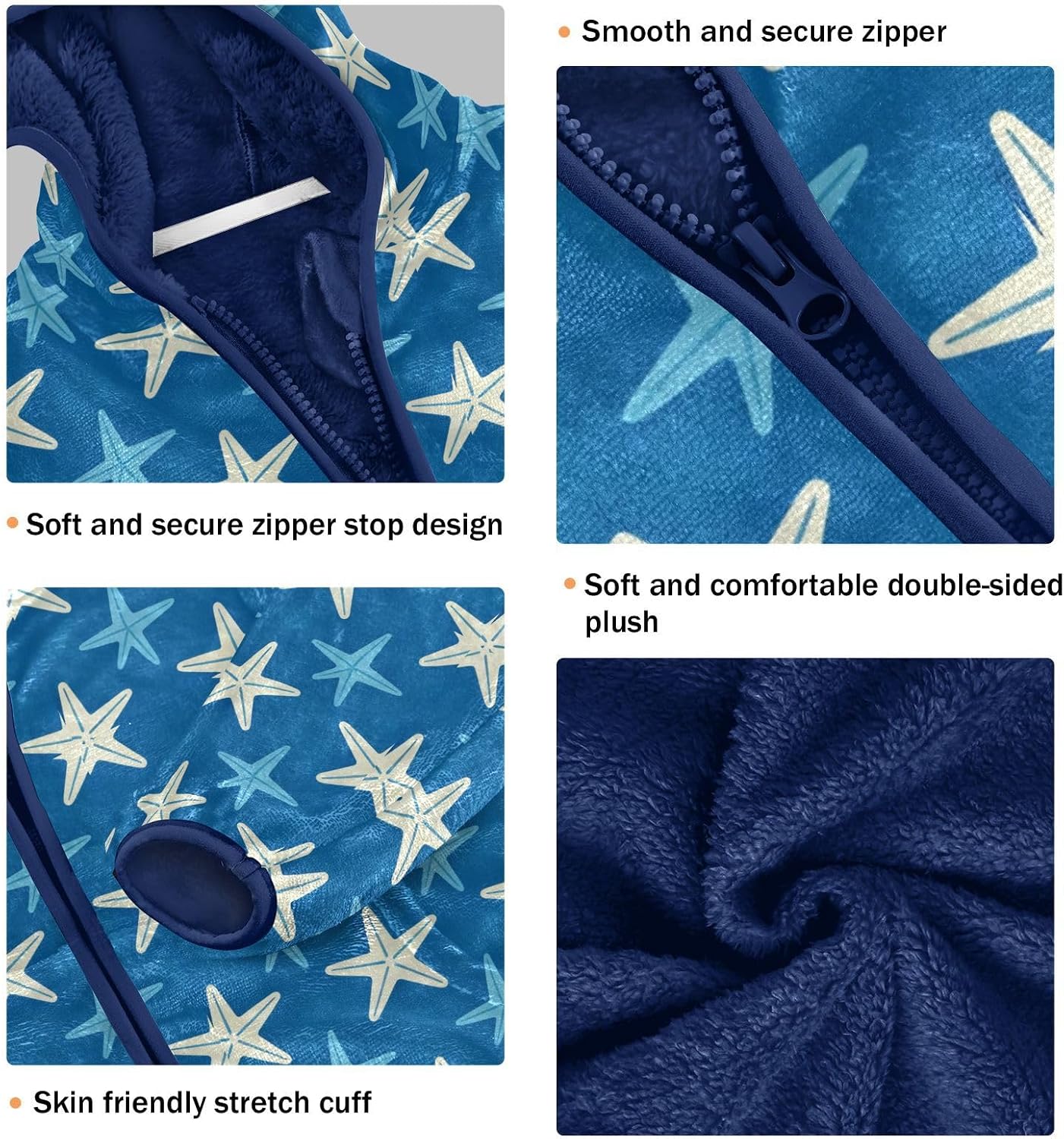 Blue starfishes Pattern Fleece Jacket Toddler Boy Children Coats for Toddlers Navy Blue Baby Boys Hoodie
