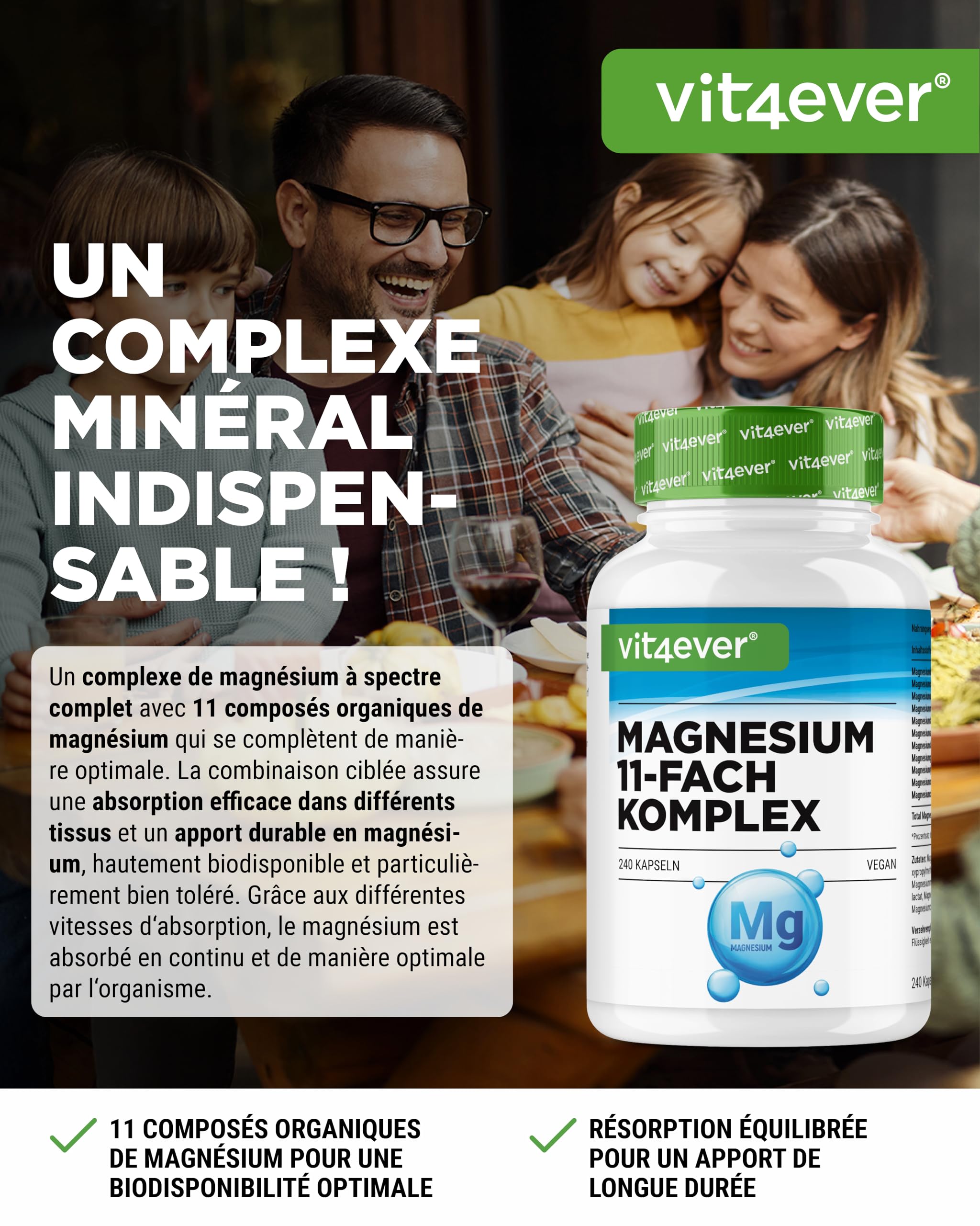 Complexe de Magnésium - 240 gélules - 11 composés de haute qualité - 408 mg de magnésium élémentaire par dose journalière - Hautement dosé - Vegan