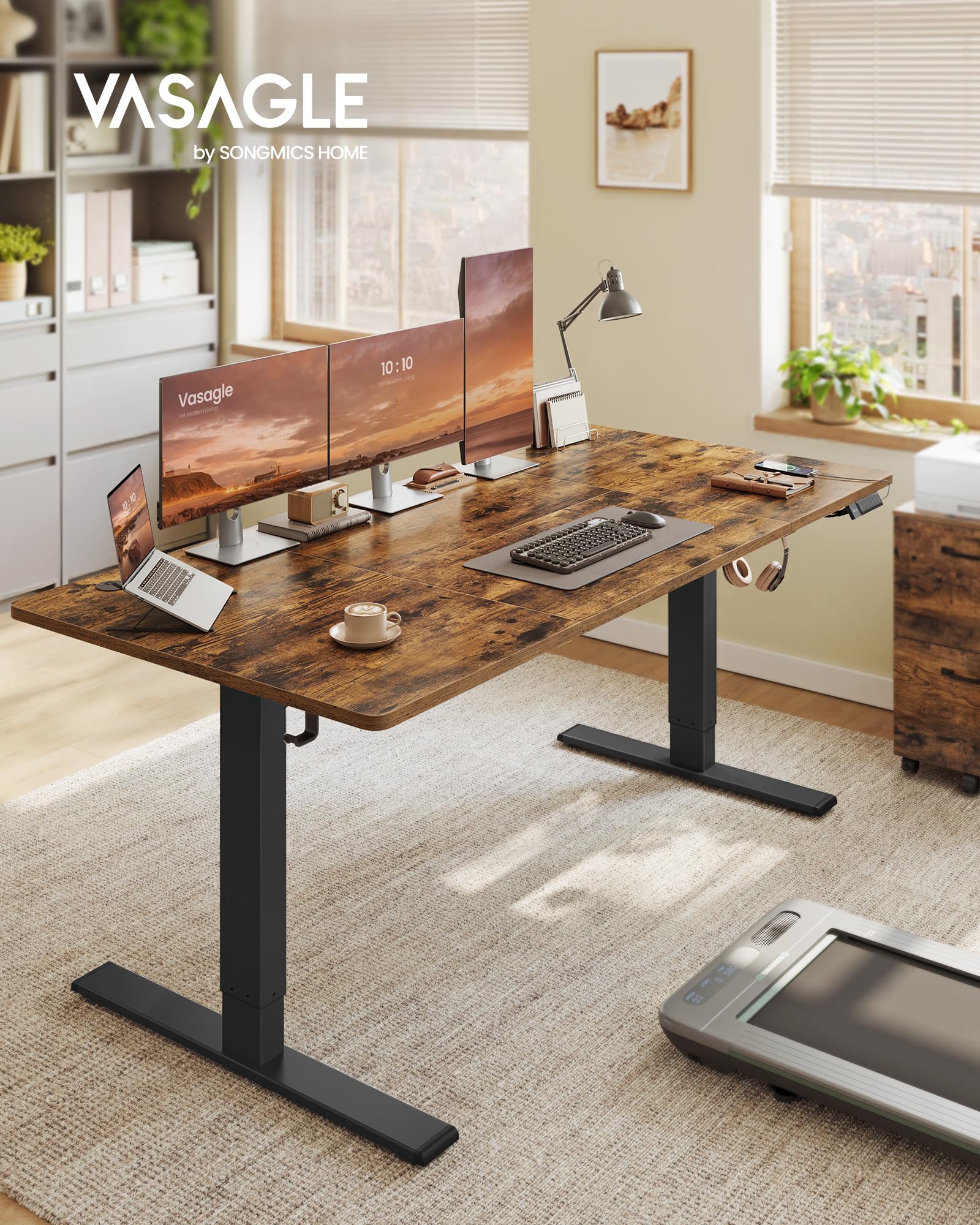 VASAGLE Höhenverstellbarer Schreibtisch, 180 x 80 cm, USB-C-Anschluss | Schreibtisch, Ablage für Steckdosenleiste, 3 Speichertasten, Erinnerung bei langem Sitzen, vintagebraun LSD148KD02