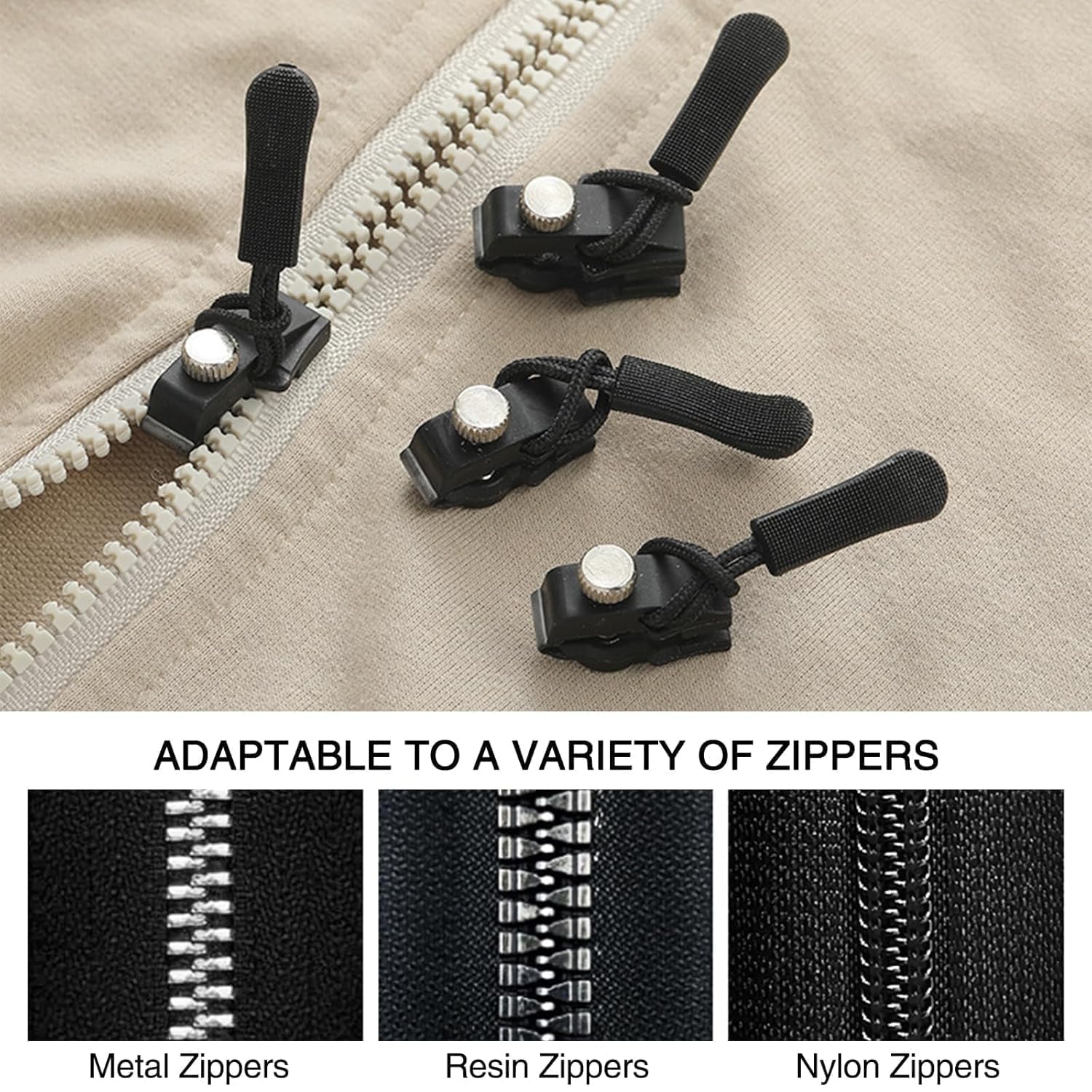HEVIR Instant Zipper Repair Kit, 6Pcs Universal Zipper Slider Replacement with Nylon & Metal Pull Tabs, Adjustable Zipper Fixer for Bags, Coats, Shoes, Jackets, Backpacks, Tents, Skirts, Jeans (BLACK) 3