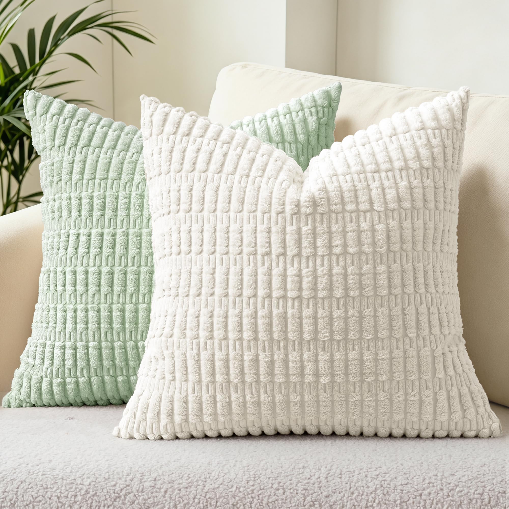 Cogavoo Set of 2 Corduroy Soft Striped Cushion Covers 45x45 cm,Boho Decorative Square Throw Pillow Covers 18x18 Inch with Invisible Zipper for Sofa Couch Bedroom Decorative Fluffy Large Pillowcases