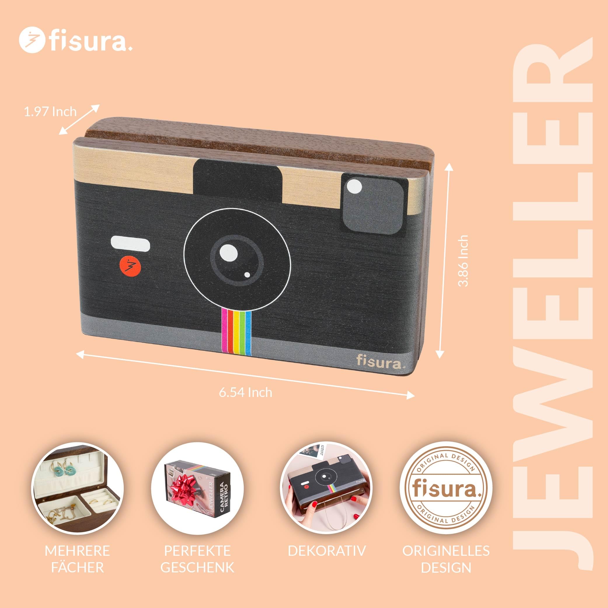 Fisura – Drewniana szkatułka na biżuterię “retro kamera”. Organizer na biżuterię. Pojemnik na kolczyki, pierścionki, bransoletki i naszyjniki. 16,6 cm x 9,8 cm x 5 cm