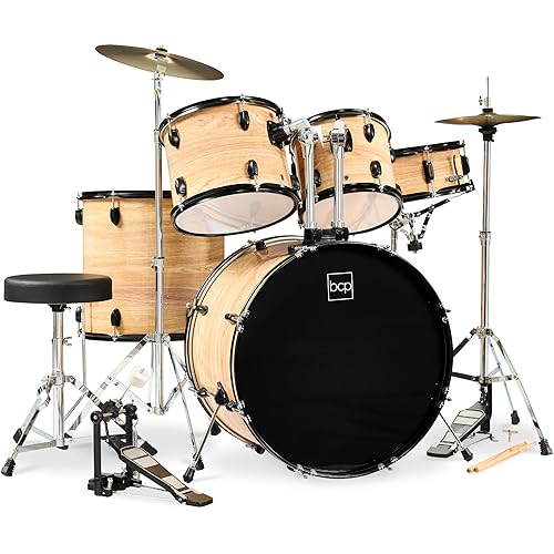 Best Choice Products 5-Piece Full Size Complete Adult Drum Set w/Cymbal Stands, Stool, Drum Pedal, Sticks, Floor Tom - Natural