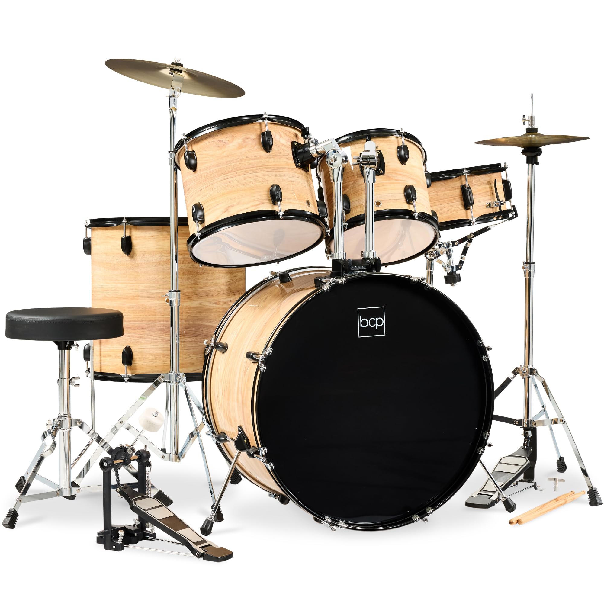 Best Choice Products 5-Piece Full Size Complete Adult Drum Set w/Cymbal Stands, Stool, Drum Pedal, Sticks, Floor Tom - Natural