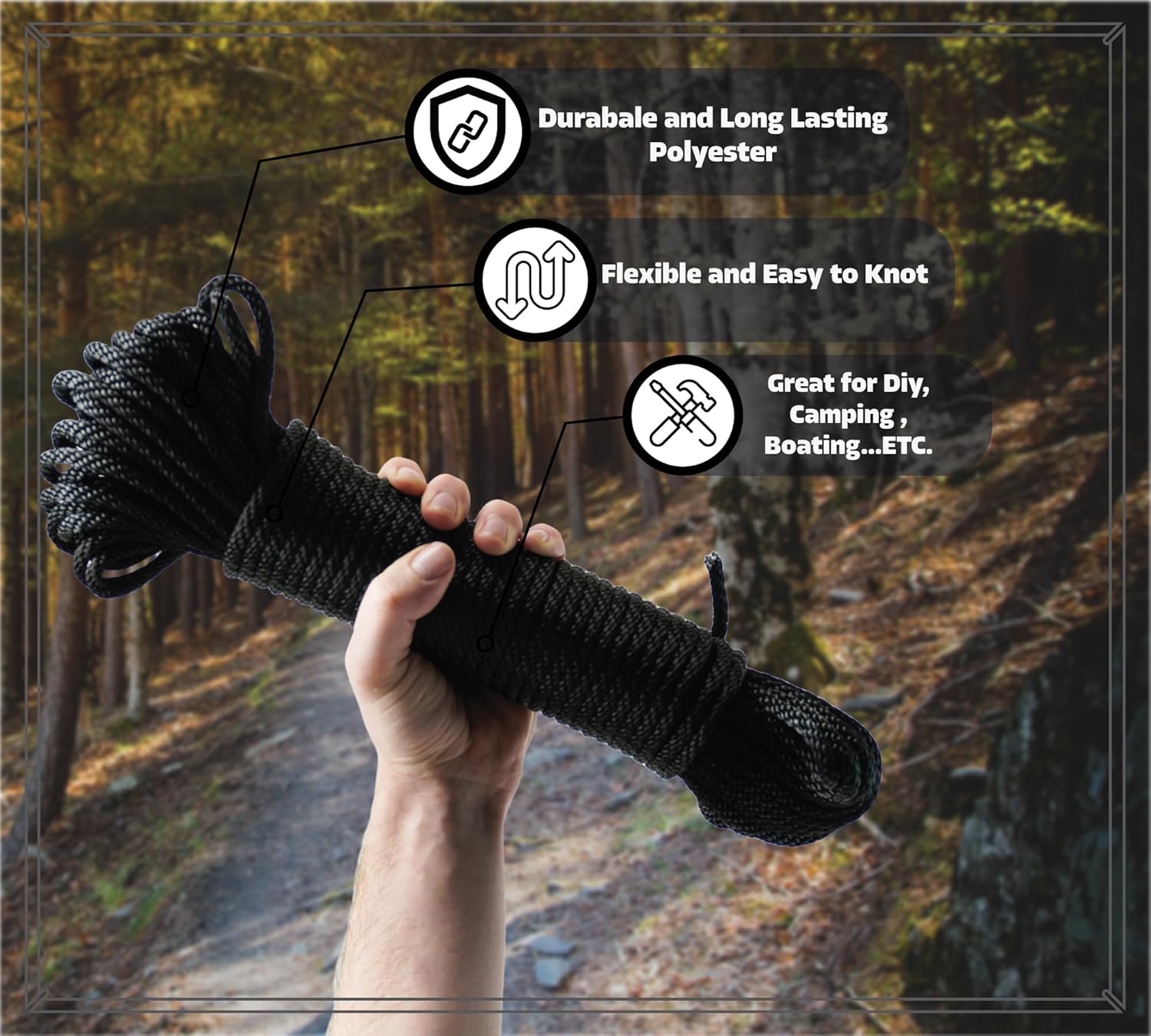 Lilburn Rope Solid Braid Polyester Rope, 1/2 inch, Black, 50 Foot Hank