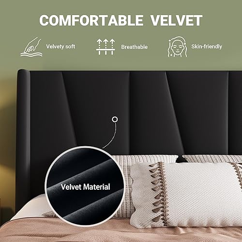 Miniatura 5 de Allewie Marco de Cama de Plataforma de Terciopelo Tamaño Queen con Cabecera Wingback Geométrica, Cama Tapizada Boho con Soporte de Listones de