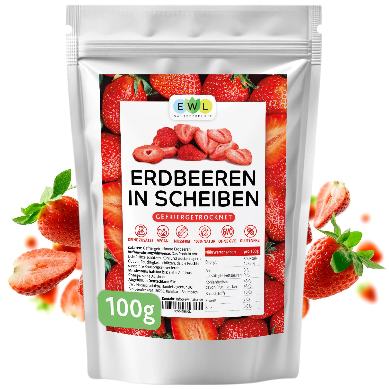 EWL Naturprodukte gefriergetrocknete Erdbeeren 100g, vegan, Erdbeeren gefriergetrocknet in Deutschland abgefüllt