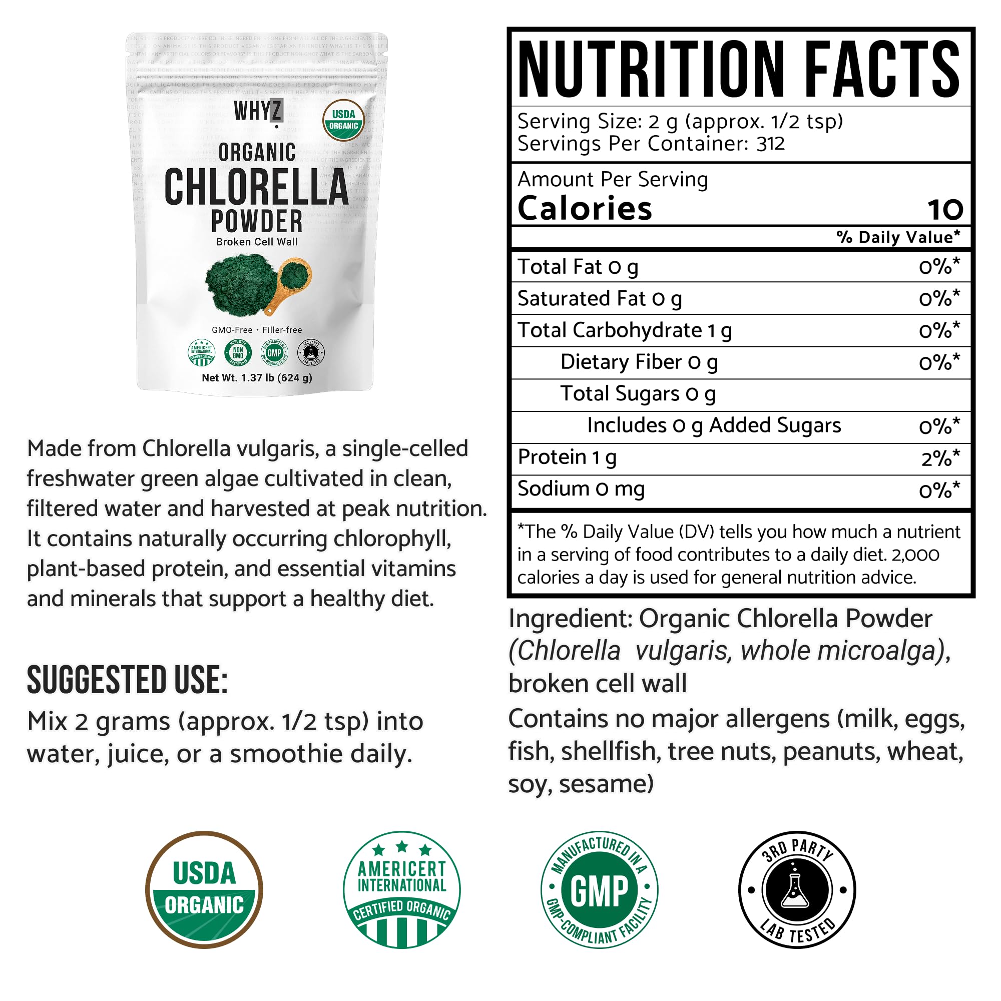 Organic Chlorella Powder, Raw, Premium Superfood Rich in Vegan Protein & Chlorophyll, Non-GMO, Vegan-Friendly Supplement, 312 Servings, 1.37 lb (624g) — Amazon image 2