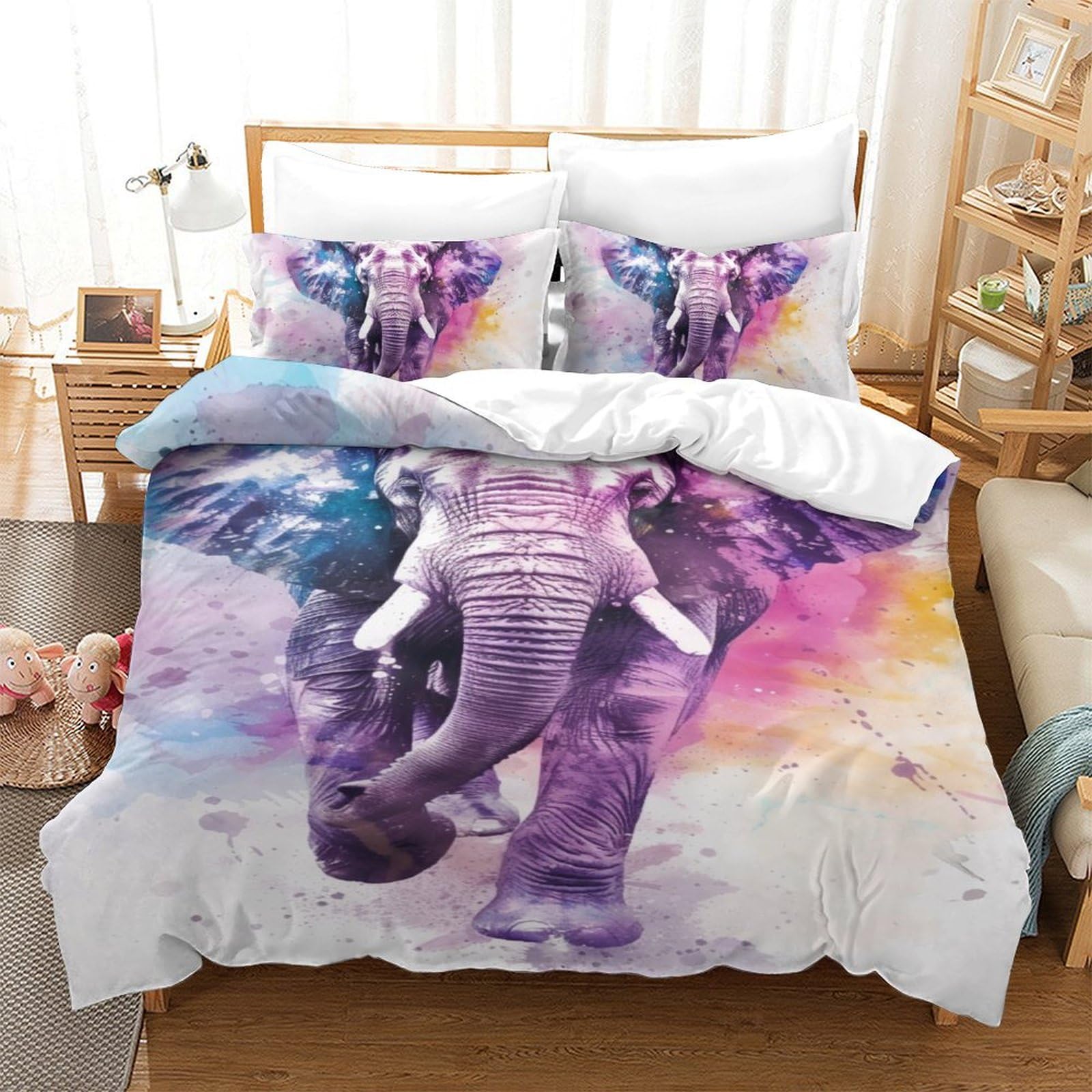 Housse couette éléphants avec fermeture éclair pour un lit enfant facile à border
