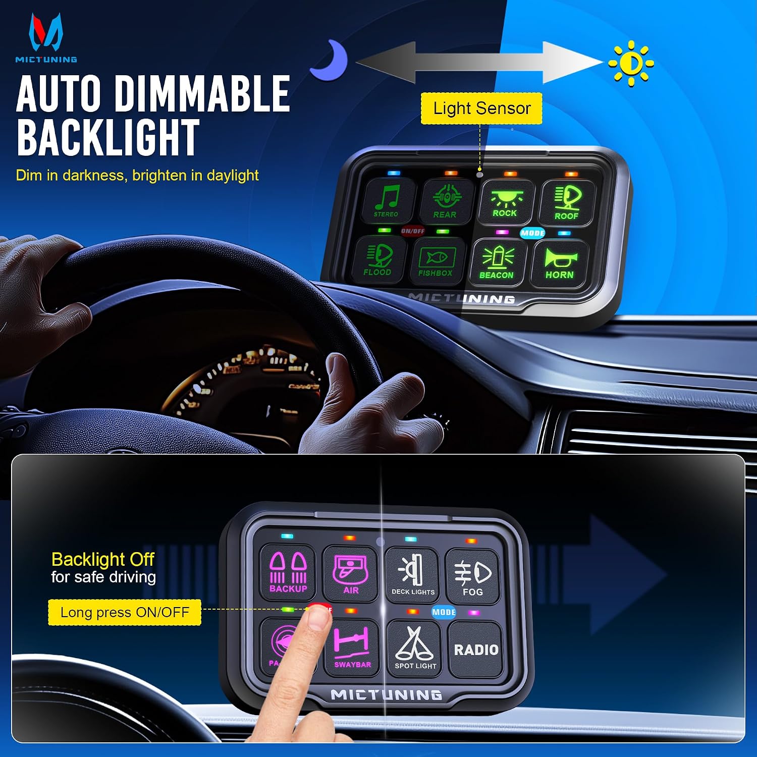 MICTUNING P8Y 8 Gang Switch Panel, Bluetooth RGB APP&RF Remote Control 230FT 433MHZ Long Range, IP67 Waterproof Auxiliary Backlit Off Toggle Pulsed Momentary Strobe Circuit Control System Box for Car
