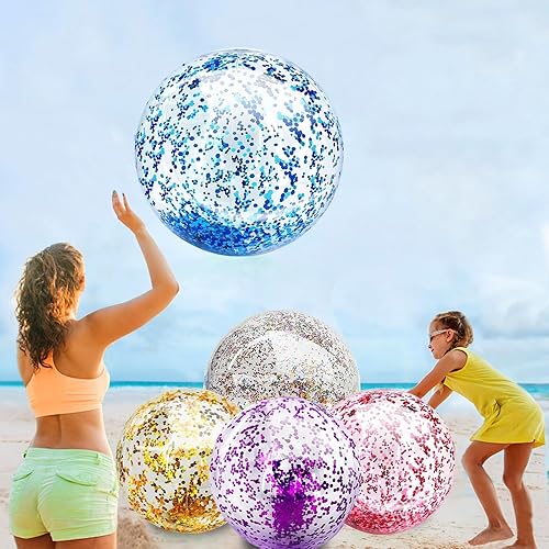 Miniatura 17 de 5 bolas de playa inflables, bolas de playa grandes de 16 pulgadas y 24 pulgadas con confeti con purpurina, lentejuelas transparentes, bolas