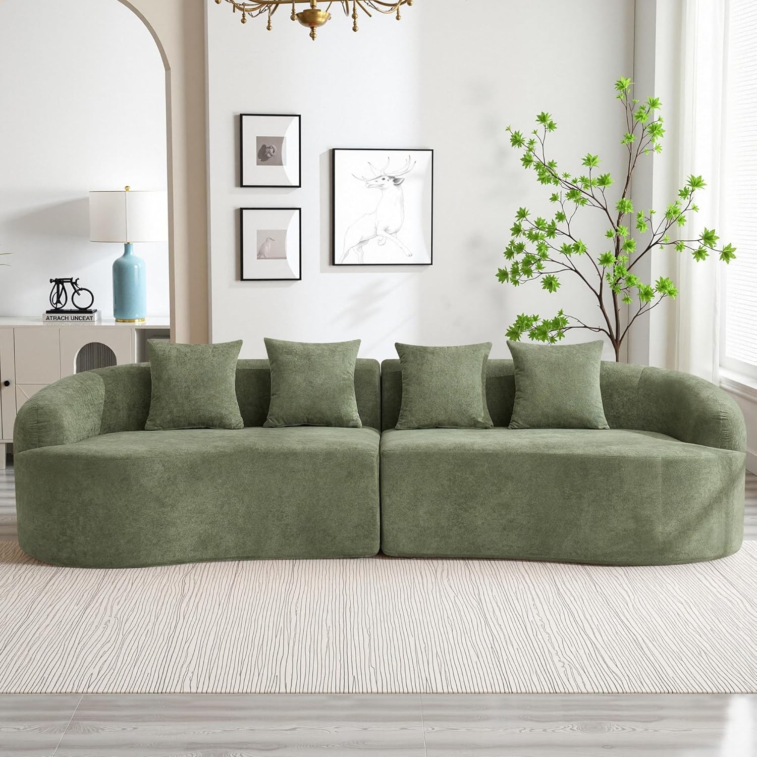 110" Boneless 4 Seater Sofa Couch, Modern Oversized Curved Cloud Sofa, Chenille 4-Seater Deep Seat Sectional Couches for Living Room, No Assembly, Green