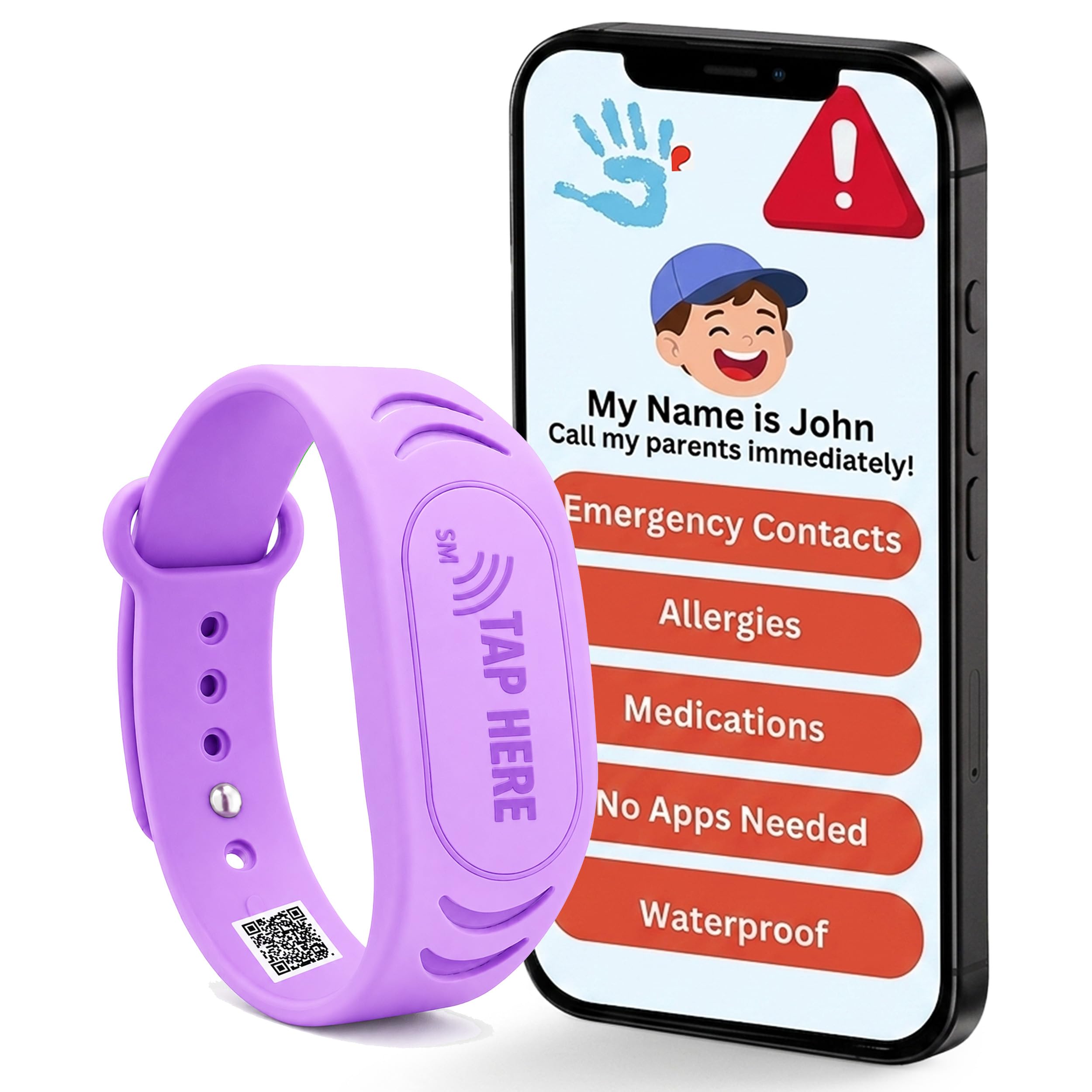 Correa inteligente ajustable para identificación de seguridad infantil: NFC y código QR, pulsera impermeable, perfil digital gratuito, cuztomizable, no necesita suscripciones. Viajes,