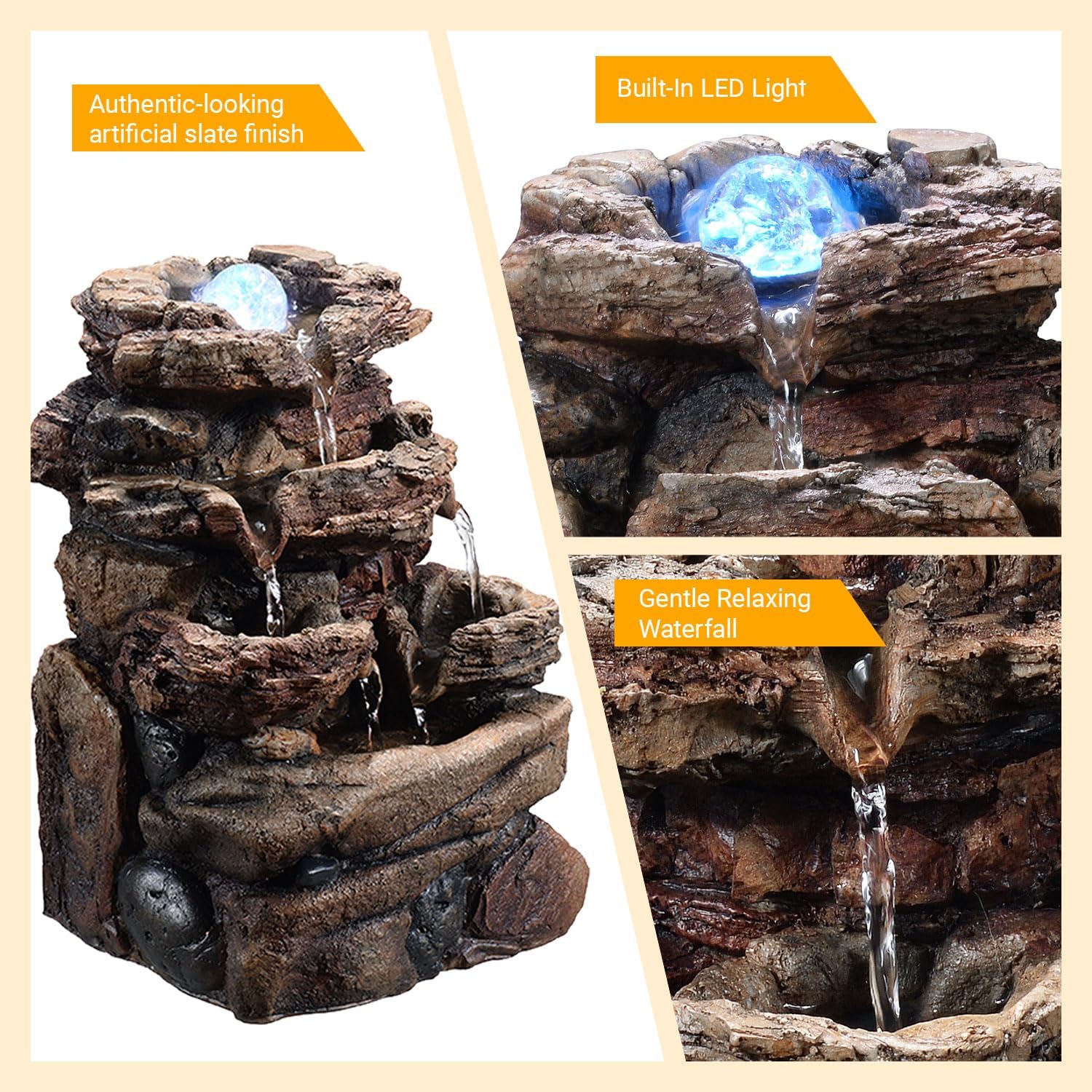 Tabletop Waterfall Fountain with Glass Ball and Color Changing LED – Indoor Decorative Waterfall for Home & Office, Resin Natural Imitation Design（23064）