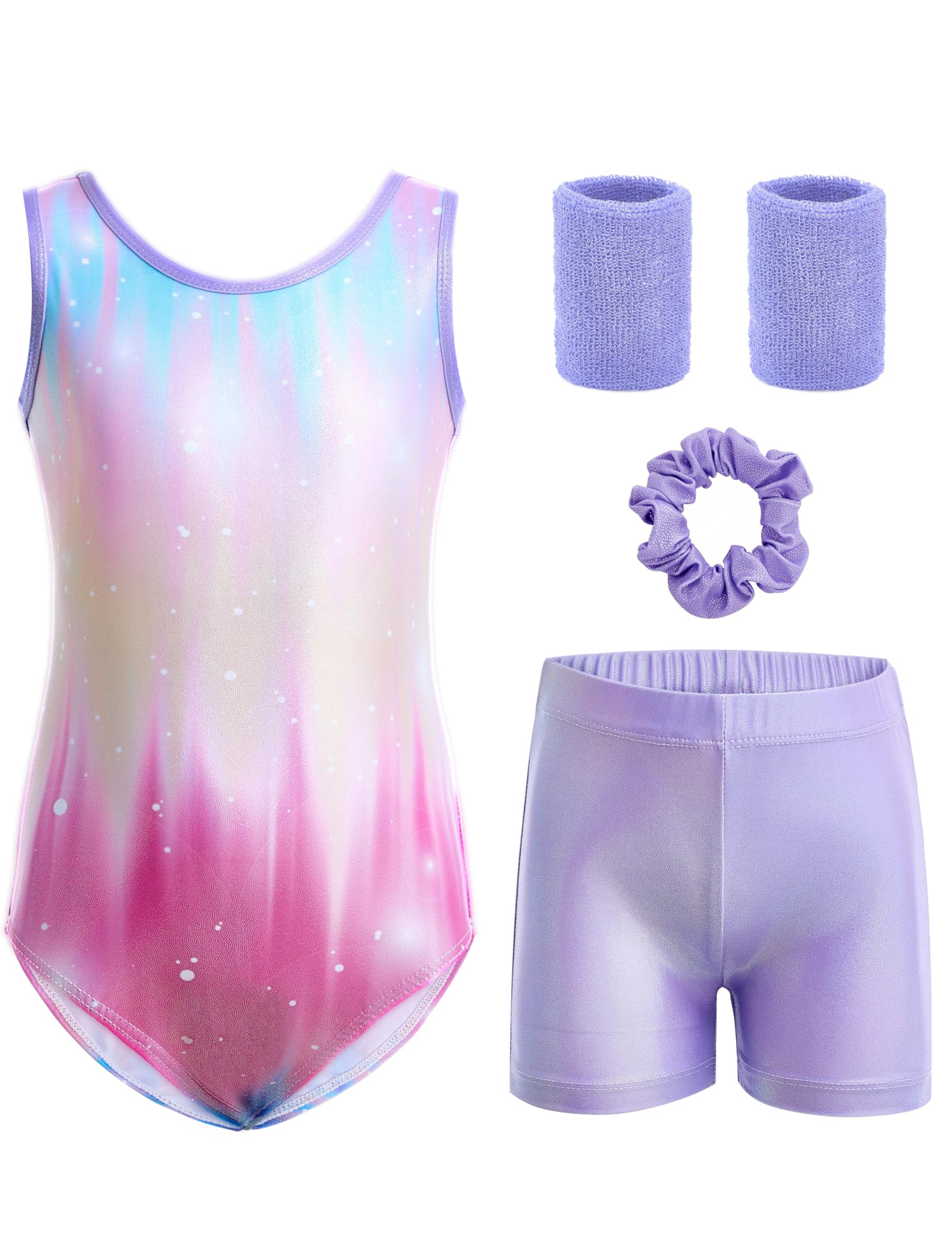 Tstiti 5-Piece Gymnastics Leotards for Girls with Shorts Scrunchie & Wristbands Toddler/Kids Dance Outfit
