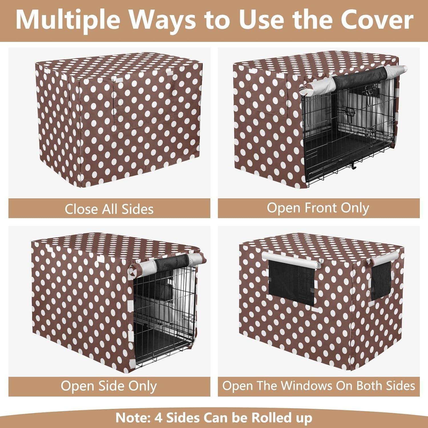 White Brown Retro Polka Dot Dog Crate Covers S-XL UV-Resistant Pet Kennel Cover with Mesh Windows, Reduces Barking, X-Large