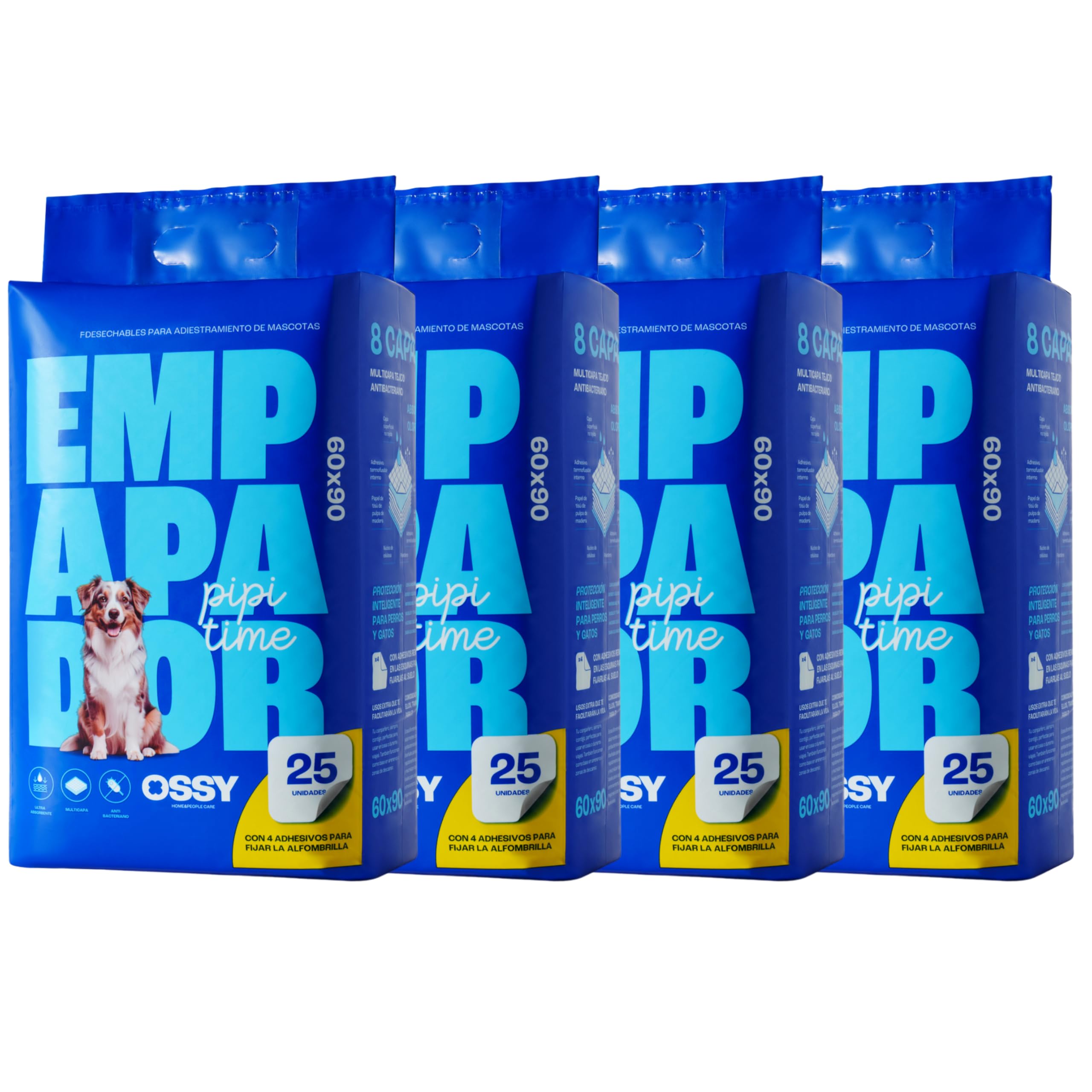 Empapadores Perros Desechables 90x60 cm 100 Unidades Perros Grandes (XL), Super Absorbentes 8 Capas Anti-Fugas, 4 Stiker Antideslizante, Secado Rápido, Almohadillas de adiestramiento, OSSY