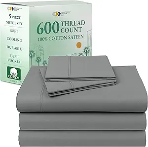 California Design Den Split King Sheet Set - 100% Cotton, 600 Thread Count, Breathable Luxury King Size Sheets for Adjustable Bed, Luxury Hotel-Quality Sheets with Soft Sateen Weave - Mist Grey