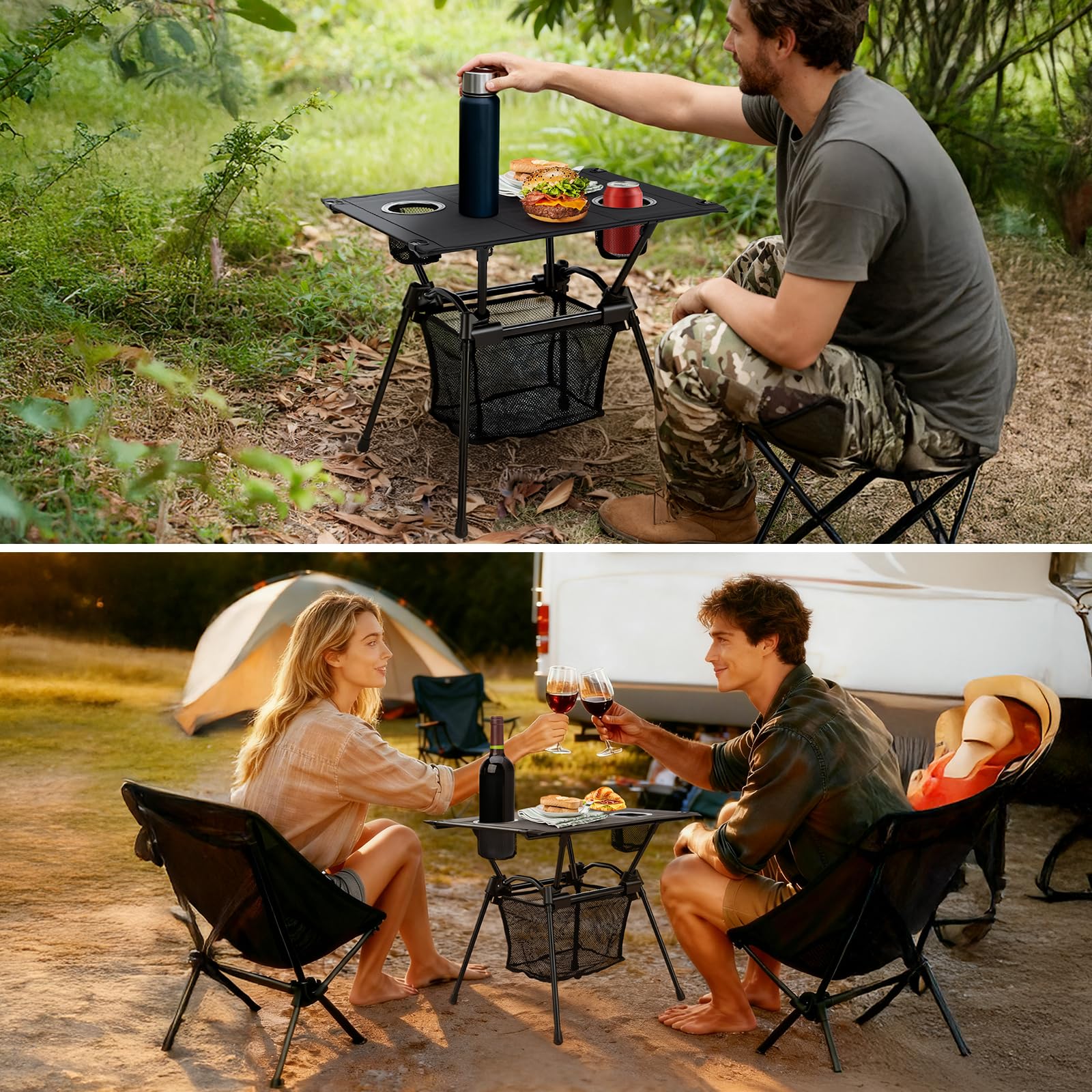 GARLLEN Campingtisch klappbar, 60x43x51cm Camping Tisch Klapptisch mit Getränkehalter, Netztasche & Tragetasche, Ultraleicht Gartentisch Picknicktisch Kleiner Tisch Outdoor für Strand Angeln Wandern